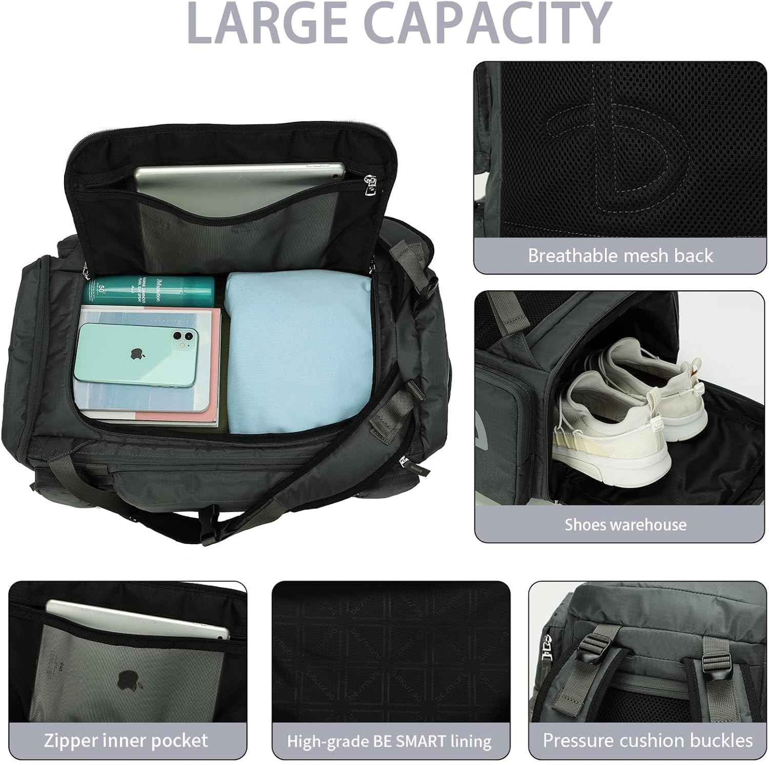 BESMART 2 in 1 Convertible Gym Duffel Bags with Shoes Compartment - 40L Waterproof Extra Large Workout Backpack for Gym Men, Heavy Duty Sports Duffle Backpacks for Travel, Hiking, Camping, Carry On - Image 4