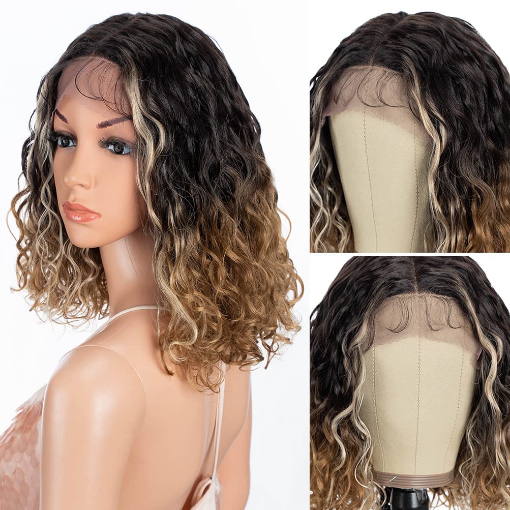 Style IconShort Curly Wavy Wig Middle Part Lace Front Wig Synthetic BIO & VEGETAL Fiber Wig (12 Inches, BTHL427613)