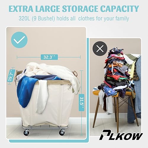 Vista 2 de PLKOW Carrito de lavandería con ruedas, carrito de lavandería grande con ruedas de 320 L para comercial/hogar, cesta de lavandería con marco