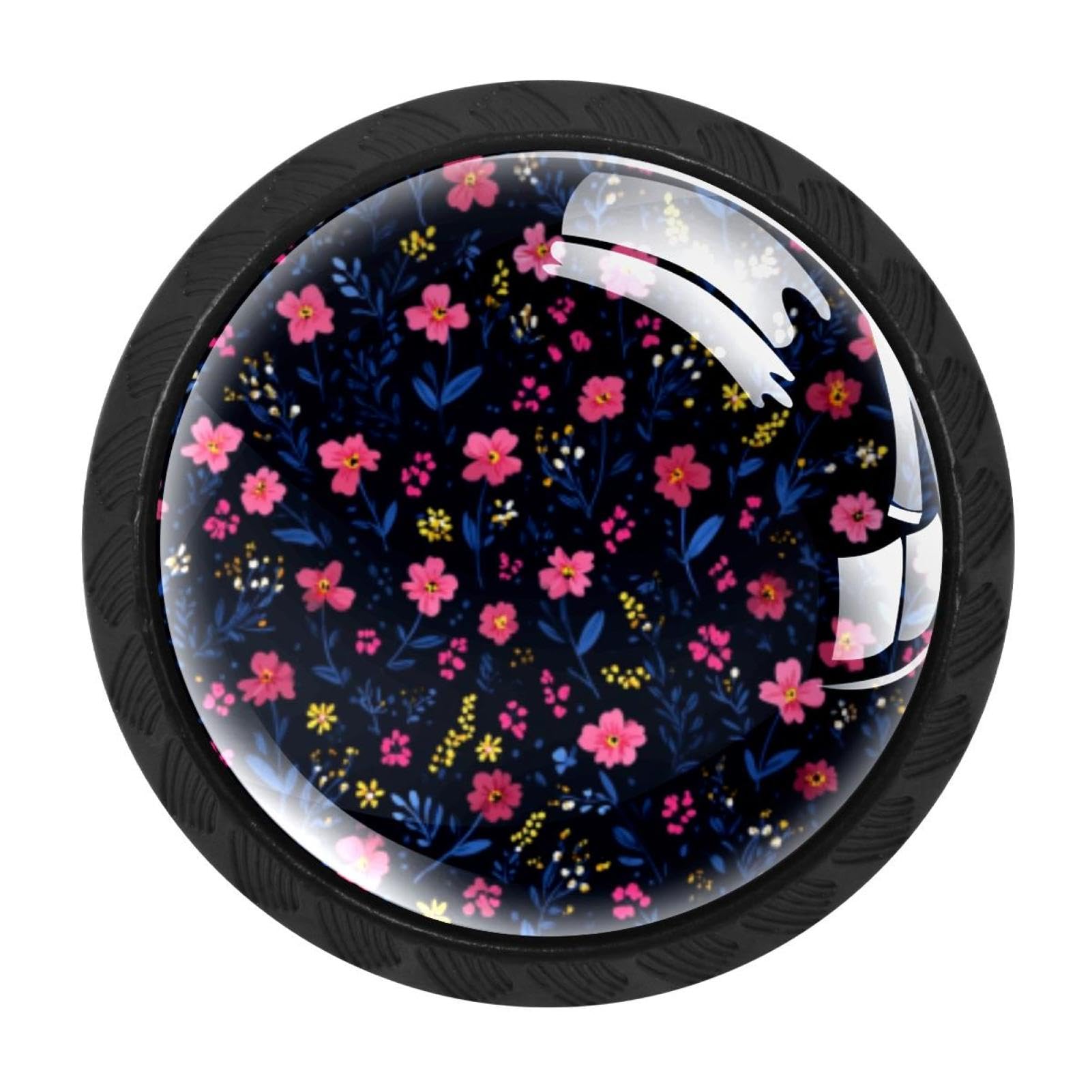 Boutons de tiroir ronds en verre noir lot de 4 petites fleurs 35 mm pour cuisine et armoire