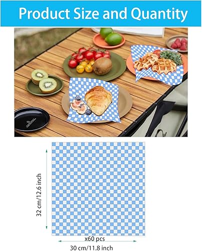 Miniatura 2 de 120 hojas de papel encerado de 12 x 12 pulgadas, forros para cestas de alimentos, hojas de papel de cera a cuadros para pan y sándwiches fritas, azul