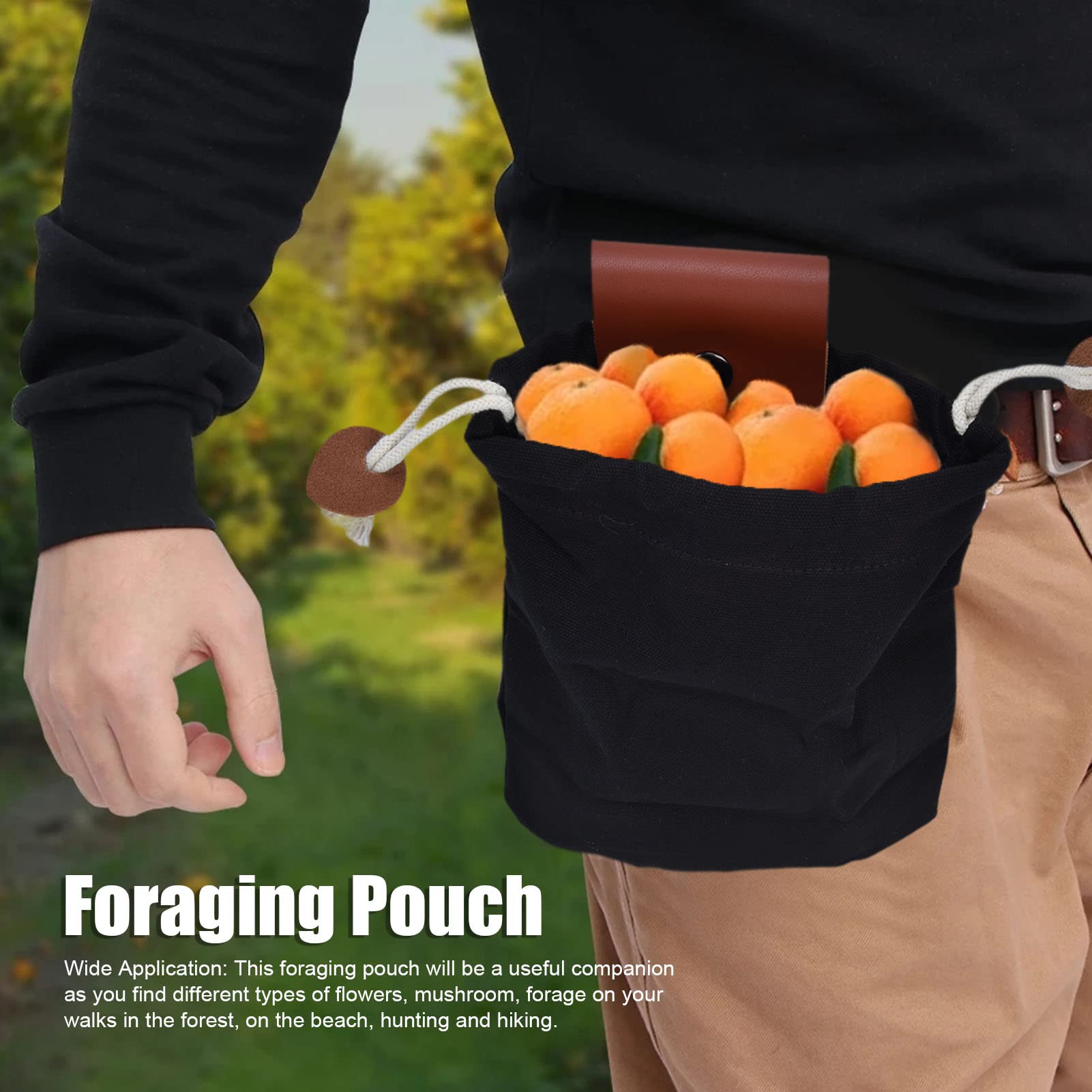 WPKD BLUEIY Foraging Pouch Fruit Picking Bag,Fruit Picking Bag,PU Leather Canvas Picking Storage Bag,Drawstring Buckle Waist Hanging Tool for Mushroom Hunting,Foraging,Gathering (Black) - Image 2