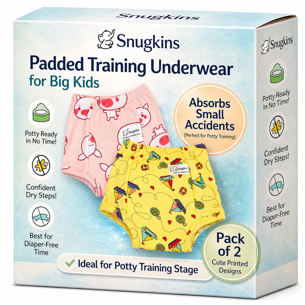 Snugkins Padded Underwear for Big Kids | 3 Layer Leak-Proof Cotton Potty Training Pants | Reusable, Washable & Absorbent Training Underwear | Ages 5-6 Years (Pack-2)-image-48