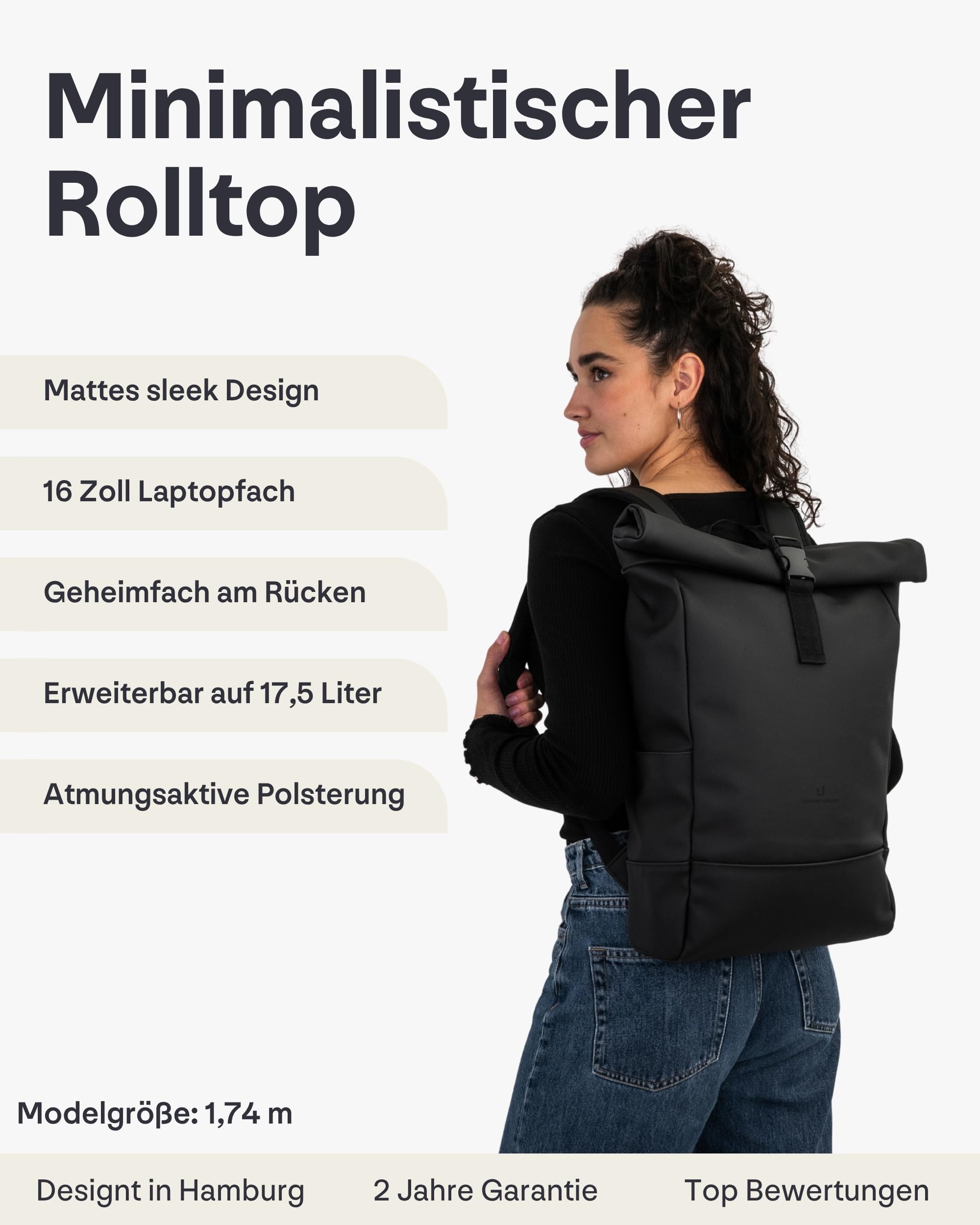 Johnny Urban Rucksack Damen & Herren - Harvey Medium - Rolltop Mit Laptopfach für Uni Business City - 15L - Matte PU Beschichtung - Wasserabweisend