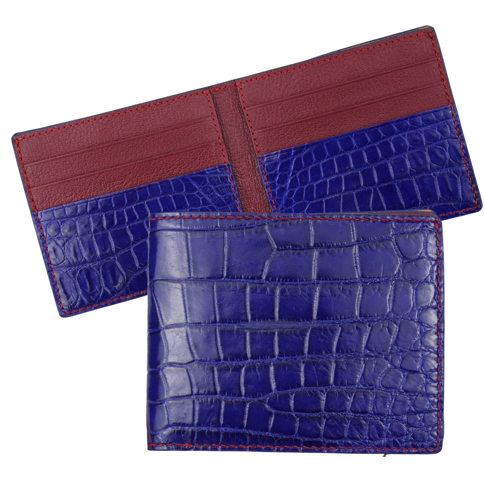 HATA Light Blue Red Exotic Bifold Wallet for Men, Billfold with Mixed Leather Interior, RFID Blocking Card Holder, Handmade Gift for Birthday, Anniversary, Father’s Day VIMIX-52