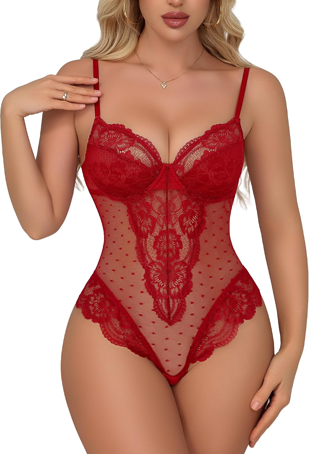 Sexy Lingerie for Women Mesh Sheer Lace Bodysuit V Neck Polka Dot Snap Crotch Teddy Lingerie