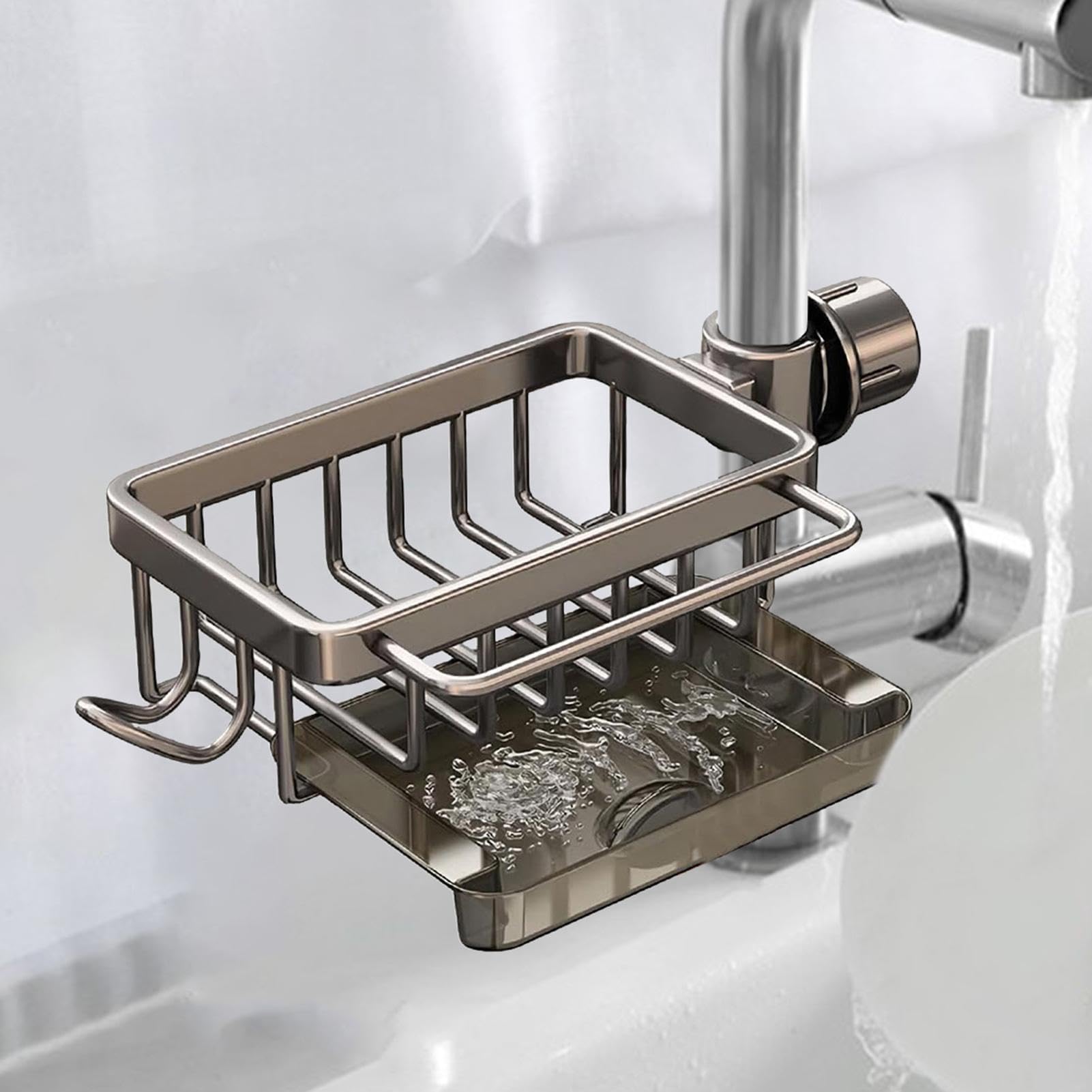 Porte-éponge Multifonctionnel en Aluminium pour évier de Cuisine, Rangement pour ustensiles, égouttoir à éponges et brosses, et Support pour éponges.