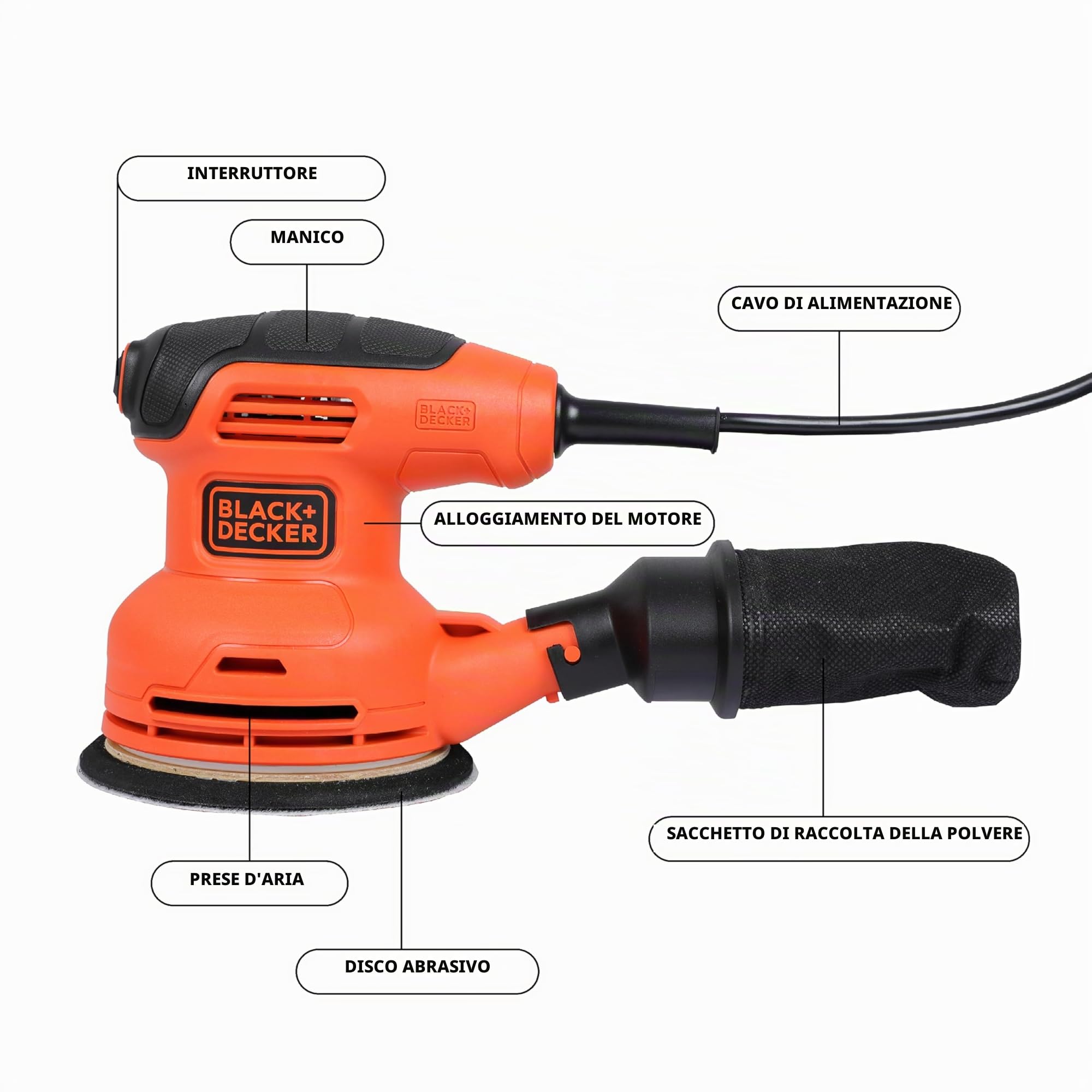 BLACK+DECKER Levigatrice roto orbitale 230W.Sacchetto raccoglipolvere incluso per un'area di lavoro più pulita. BEW210-QS