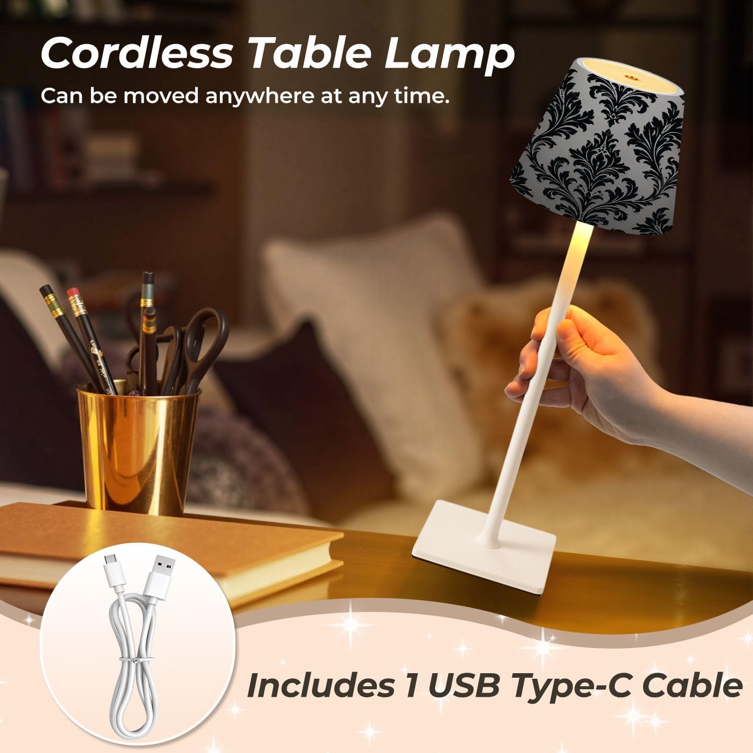 Mahjong Cordless Table Lamp Gothic Elegant Black Damask Floral Metallic Gray LED Desk Lamps Rechargeable 3 Color Dimming Outdoor for Mah Jong Table Nightstand Living Room Gift image 5