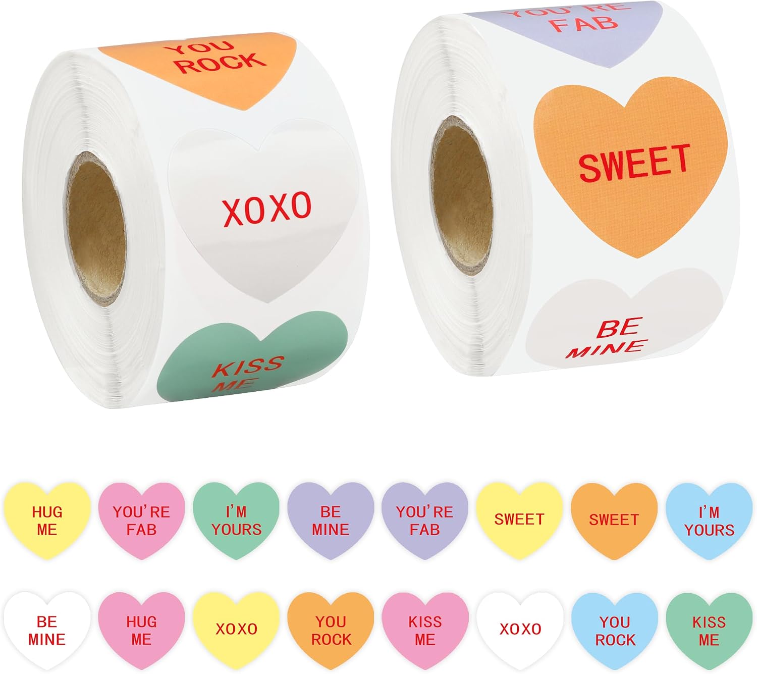 1200 PCS Valentines Day Heart Stickers Roll 1.5" Candy Heart Sticker Labels for Kids Colorful Conversation Hearts Self-Adhesive Decals for Valentines Classroom Cards Envelopes Boxes Gift Decor