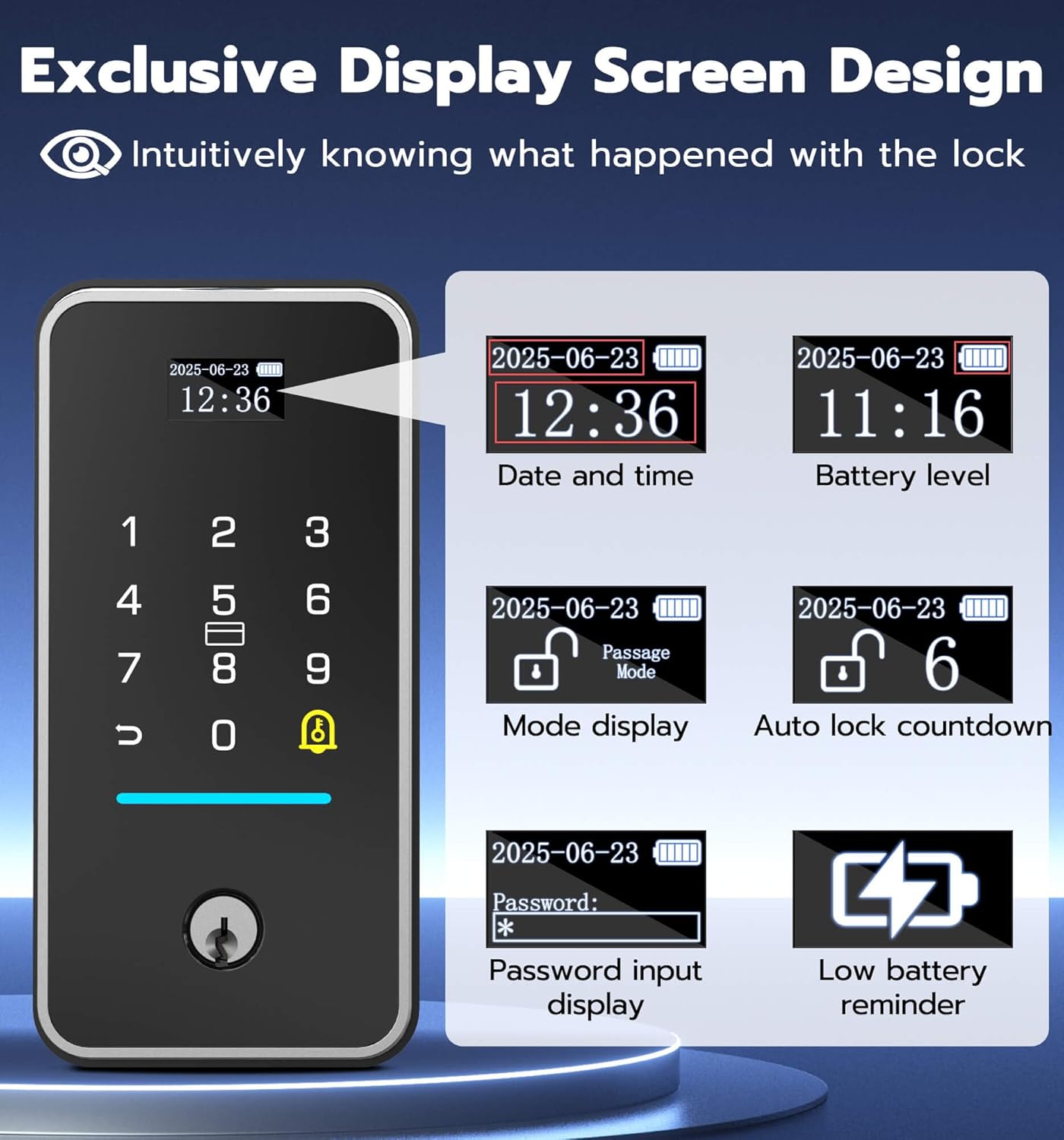 Close-up of the smart lock's display screen showing various information such as date, time, battery level, mode, auto-lock countdown, and password input.