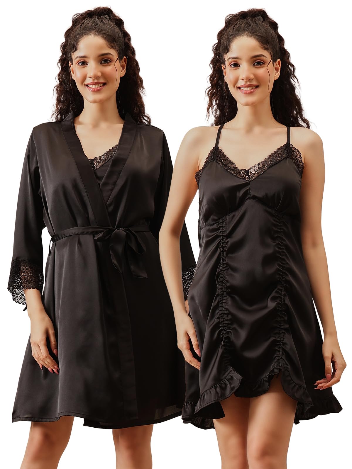 clovia Women's Satin Padded Short Nighty & Robe Set-Black-picture-16