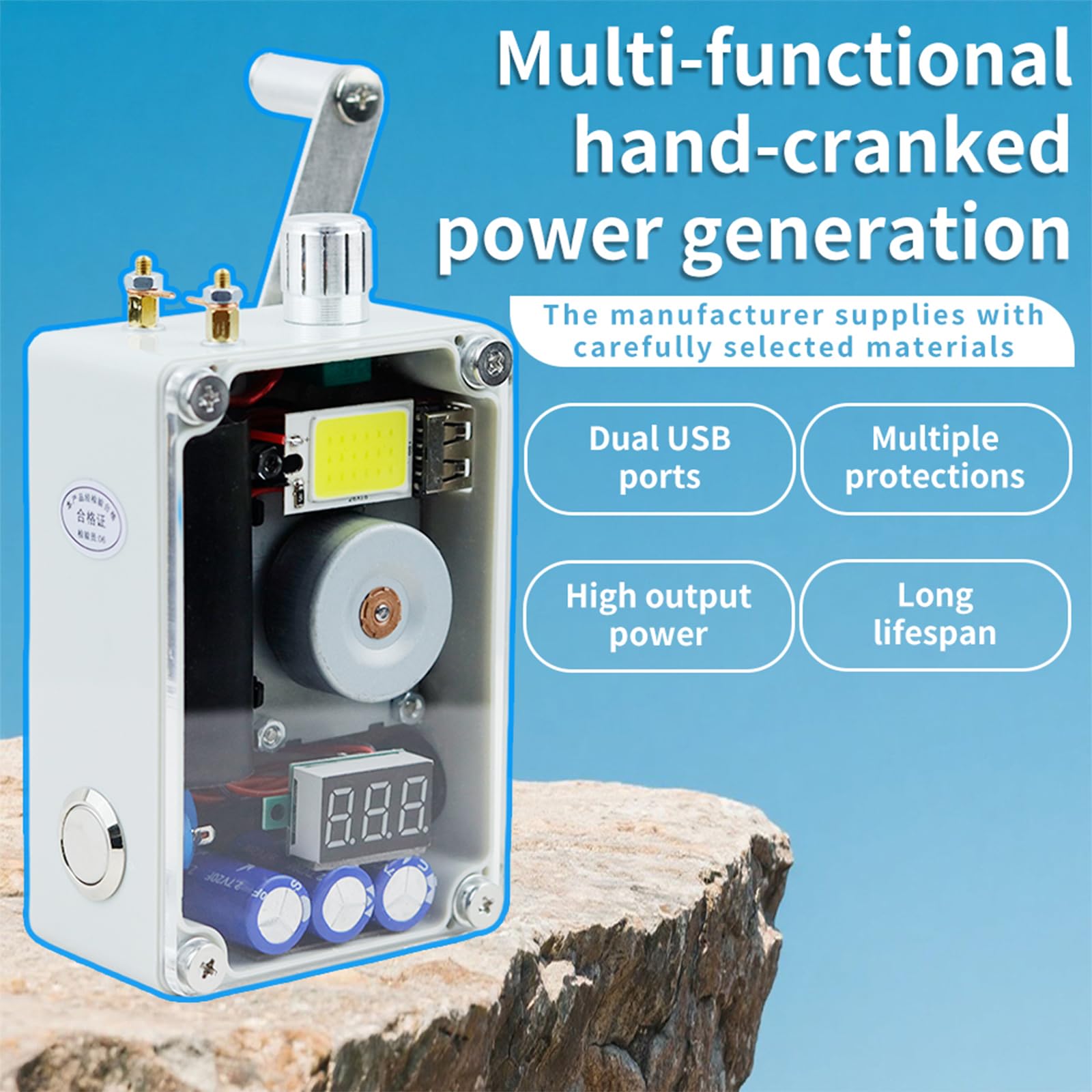 Generador de mano, carga USB, equipo portátil de camping, herramienta de emergencia al aire libre manivela durante 2 minutos, puede encenderse 40-50 veces