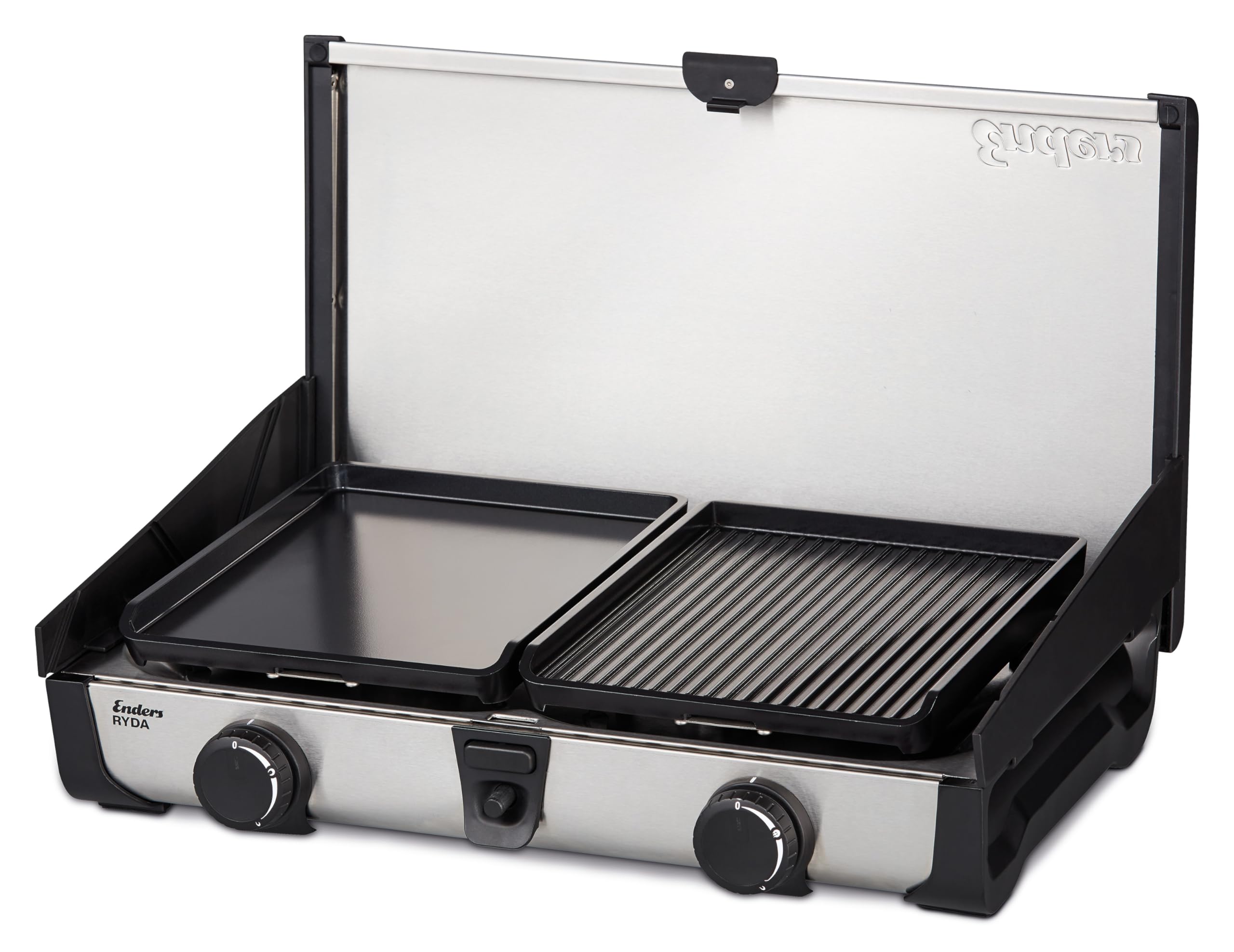 Enders Ryda 2Z GP, Gaskocher mit Zündsicherung, 2-flammig, Edelstahlbrenner 2x2,3 kW, klein und kompakt, inkl. Grillplatte, Gasschlauch und Windschutz, Campinggrill, #1883 | Mit Zündsicherung, Klein und kompakt, Inkl. Grillplatte, Inkl. Gasschlauch und Wi