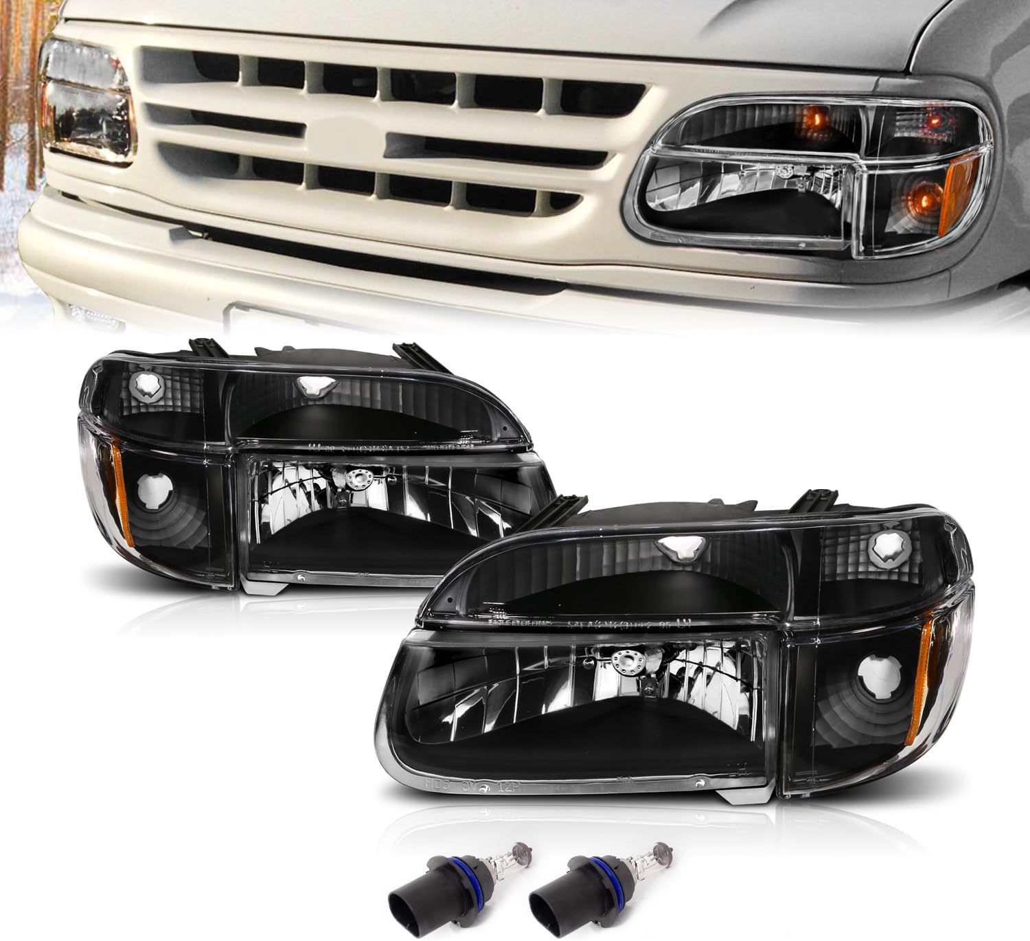 AmeriLite for 1995-2001 Ford Explorer Xtreme LED Halos Parking Lamp Black Projector Replacement Headlights Set - Passenger and Driver Side