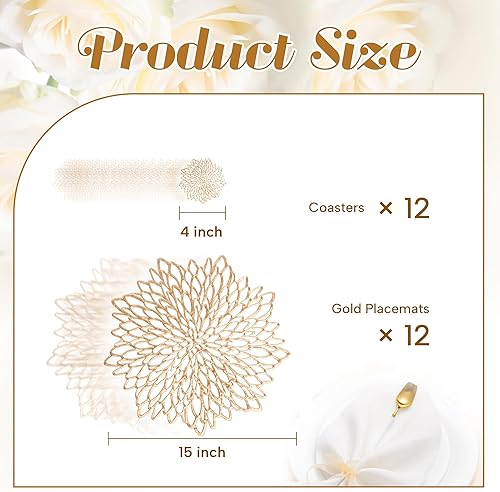 Miniatura 3 de Defined Deco - Juego de 12 manteles individuales y posavasos dorados de vinilo de 15 pulgadas, manteles individuales redondos a granel, platos