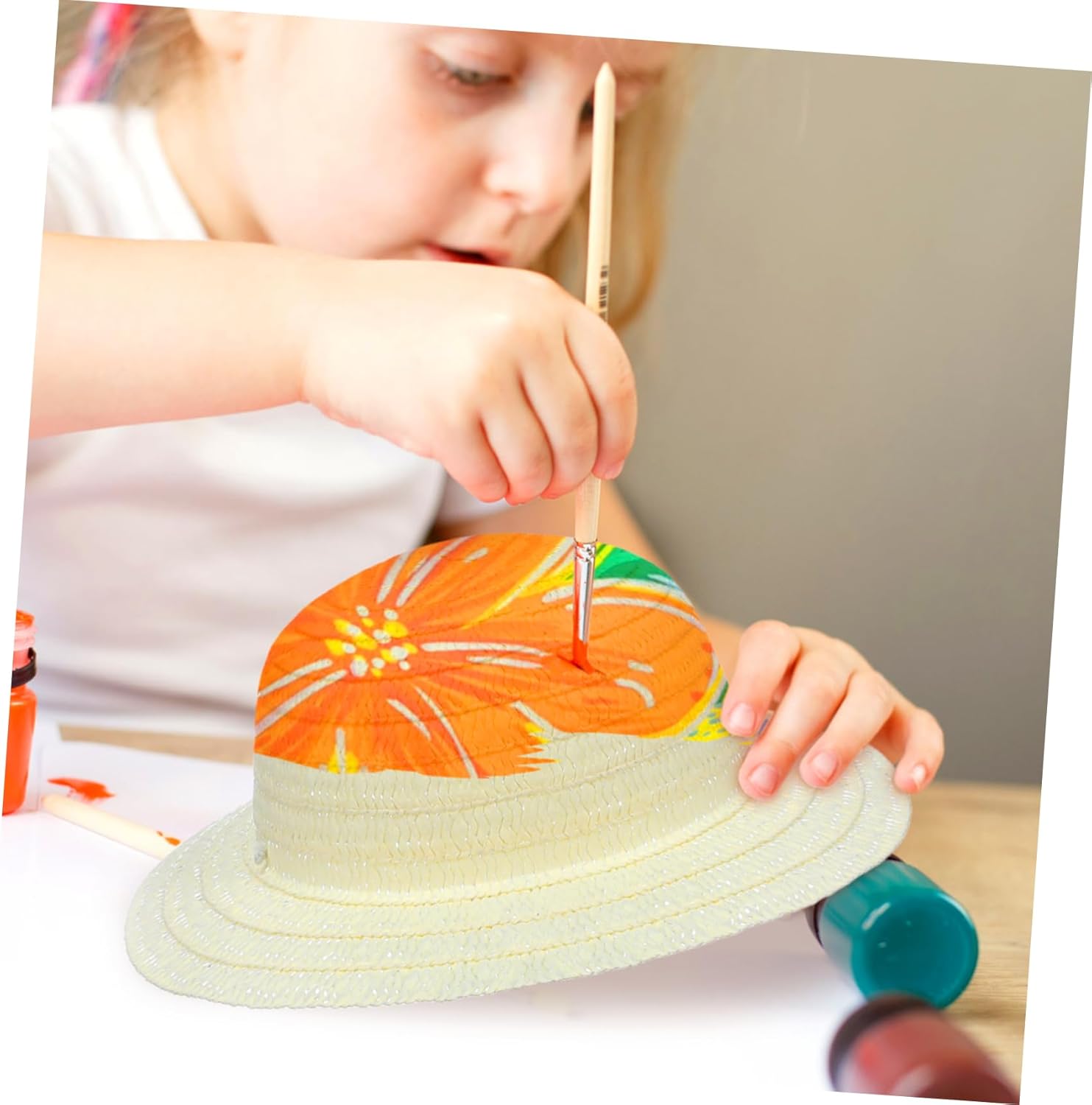 Gadpiparty Straw Hats, 8pcs DIY Set Unpainted White Straw Hat Kids Handmade Cap Beach Sun Hat Tea Party Dress Up Hat for Mexican Art Painting Hat Girl Toys - Image 7