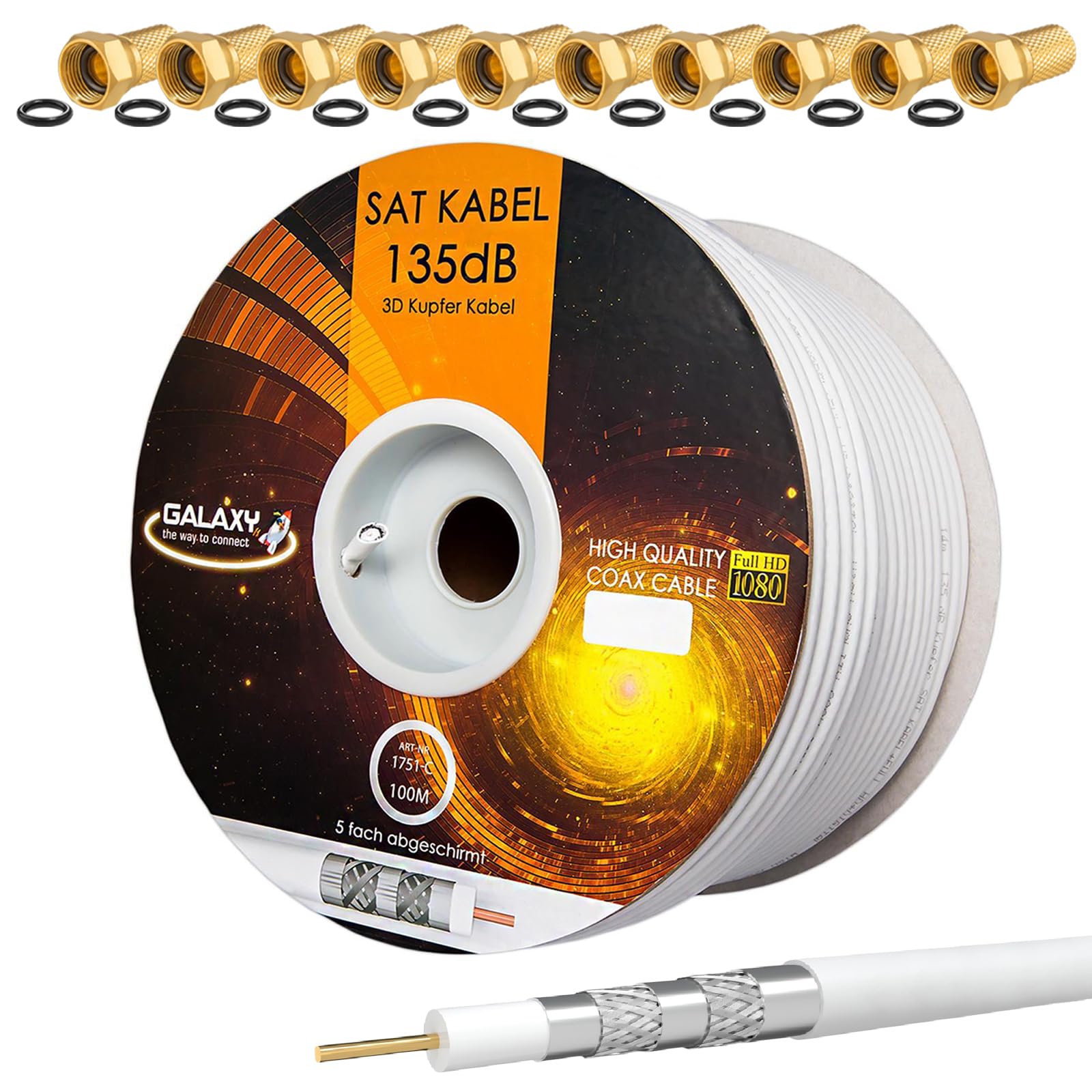 Cable coaxial SAT 135dB 100m Cable coaxial de cobre KU puro Cable de antena 5 veces blindado para sistemas DVB-S / S2 DVB-C y DVB-T BK + 10 conectores F chapados en oro con anillo de goma SET gratis de HB Digital