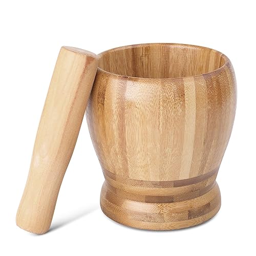 Miniatura 4 de Flexzion Juego de mortero y maja de madera de 5 pulgadas, juego de tazón y molinillo de bambú de 5 pulgadas, molcajete de madera con tapa y cuchara