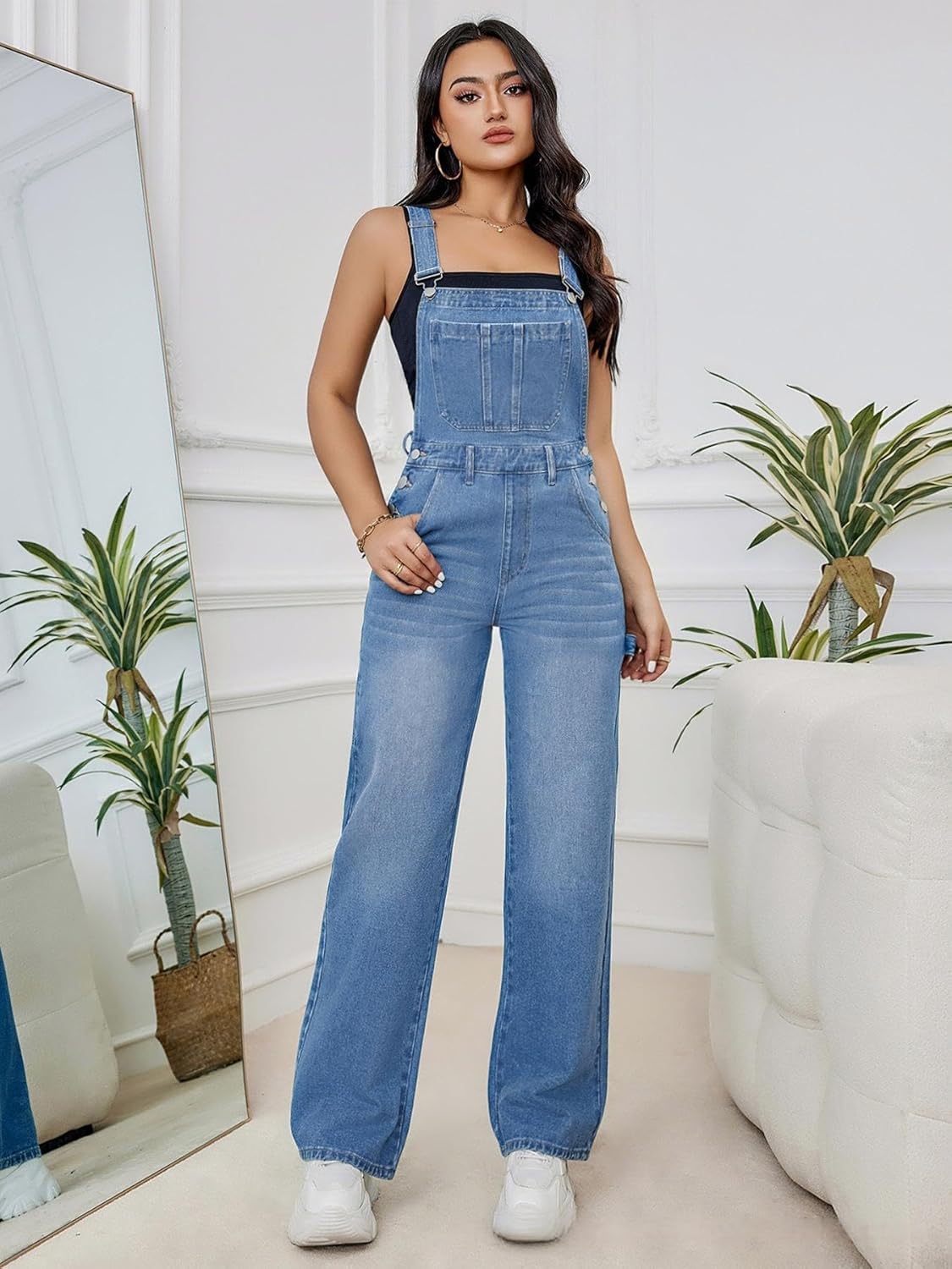 Women's Loose Fit Denim Overalls Adjustable Strap Bib Overall Jumpsuit with Pockets Vintage Style Workwear for Casual - Image 5