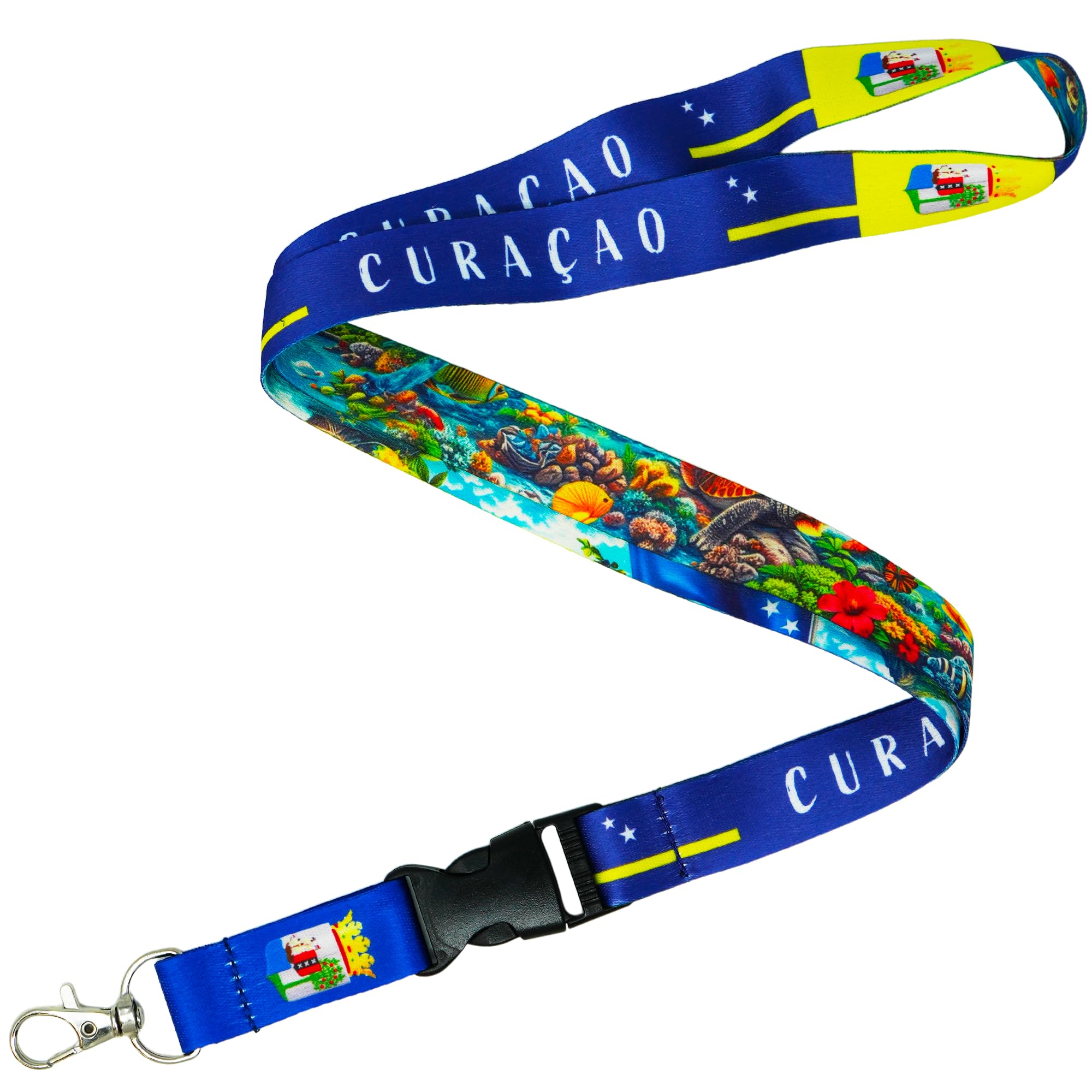 Tigoli Curaçao Flag Lanyard with Detachable Buckle and Metal Clip Hook, Blue Yellow Caribbean Island Design Neck Strap for Keys ID Badge Holder 57 x 2cm