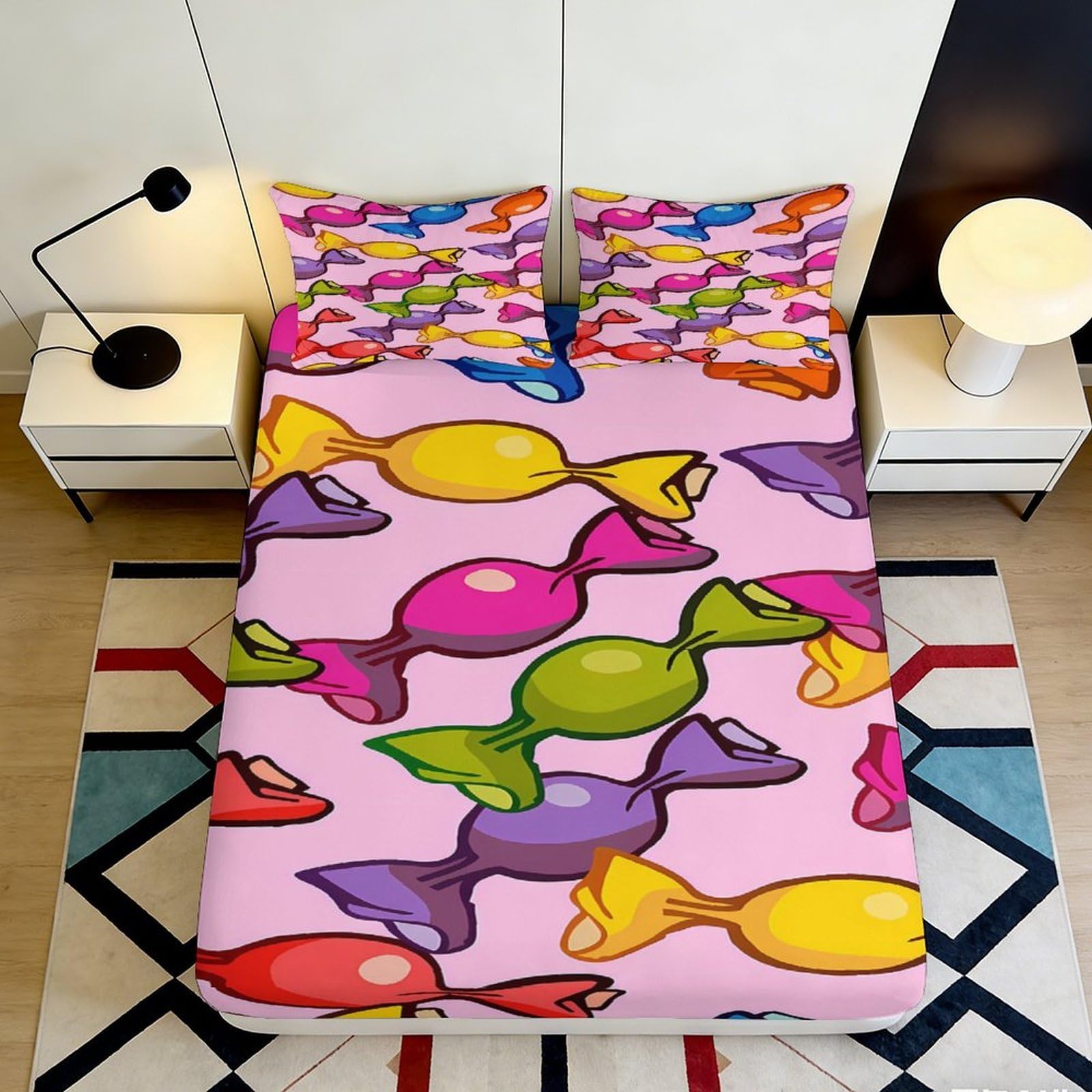 3D Printed Candy Pop Art Fitted Sheet Microfiber Colourful Sweet Pattern Mattress Cover Bedroom Dorm Decor 140x200x25cm