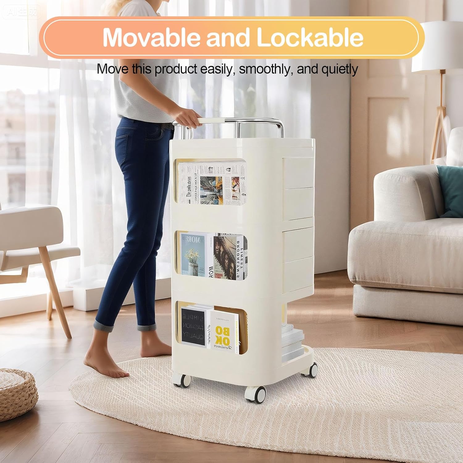 3 Tier Storage Cart, Movable Utility Storage Cart Rolling Utility Cart with Drawers Storage Rack with Wheels Mobile Trolley Cart for Homes, Office, Libraries, Restaurants (Cream Color)