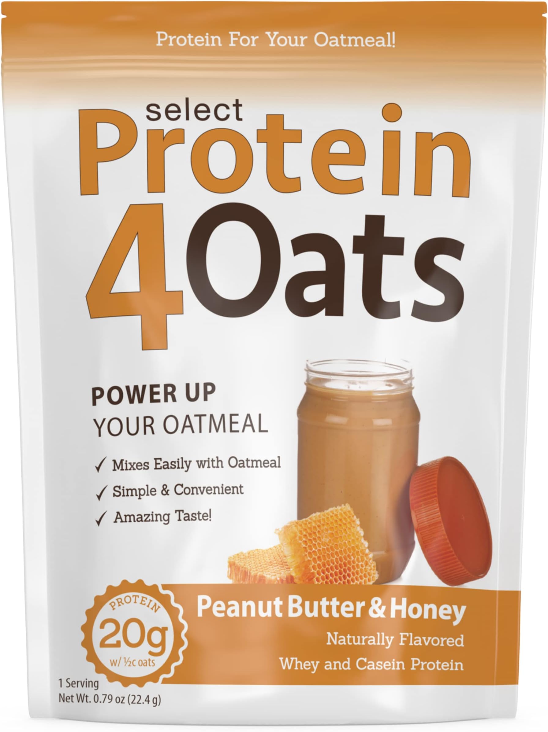 Protein4Oats, Protein Powder to Make Amazing Tasting Protein Oatmeal, with Whey and Casein, Gluten Free - Peanut Butter and Honey, 12 Servings