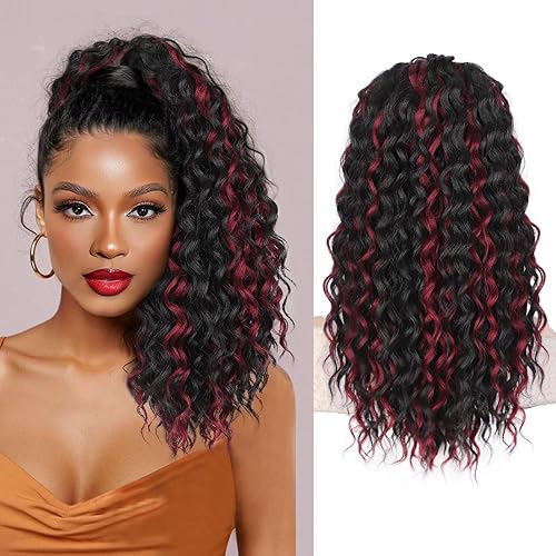 Miniatura 27 de QGZ Extensión de cola de caballo con cordón para mujeres negras de 18 pulgadas, cola de caballo afro sintética larga y rizada para uso diario