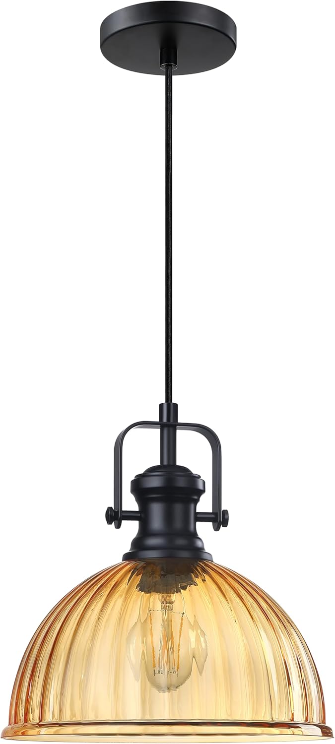 Leading Lighting 1 Light Pendant Light Hanging Modern Farmhouse Indoor Fixture 10" Gold Textured Glass Black Finish Dinning Over Sink Kitchen Island