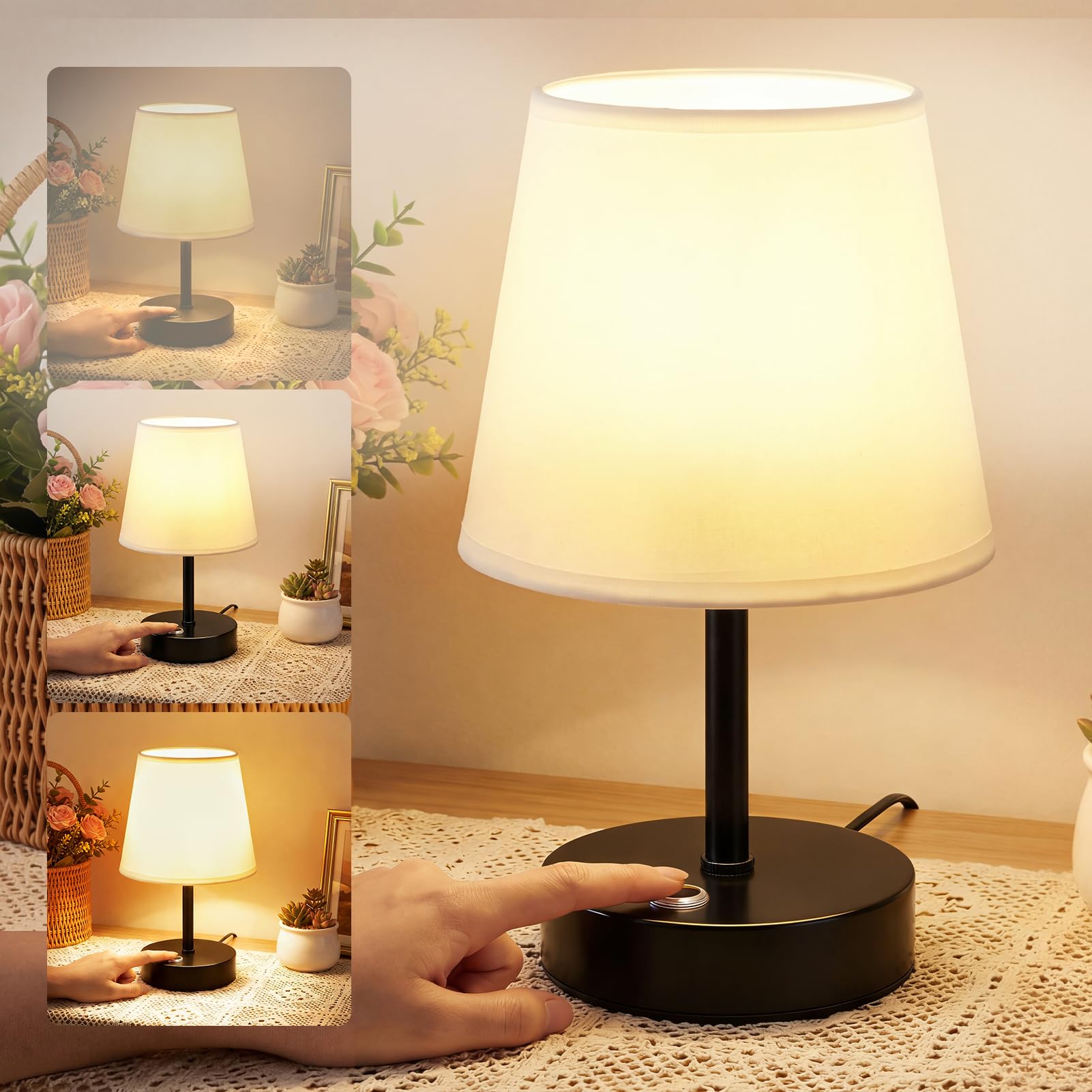 Warmiehomy Modern 5200mAh Rechargeable Touch Bedside Lamps Table Lamp, 3-Way Dimmable Touch Lamps, 3000K Warm White Light Small Night Light for Bedside Bedroom Living Room (Bulb Included), Black