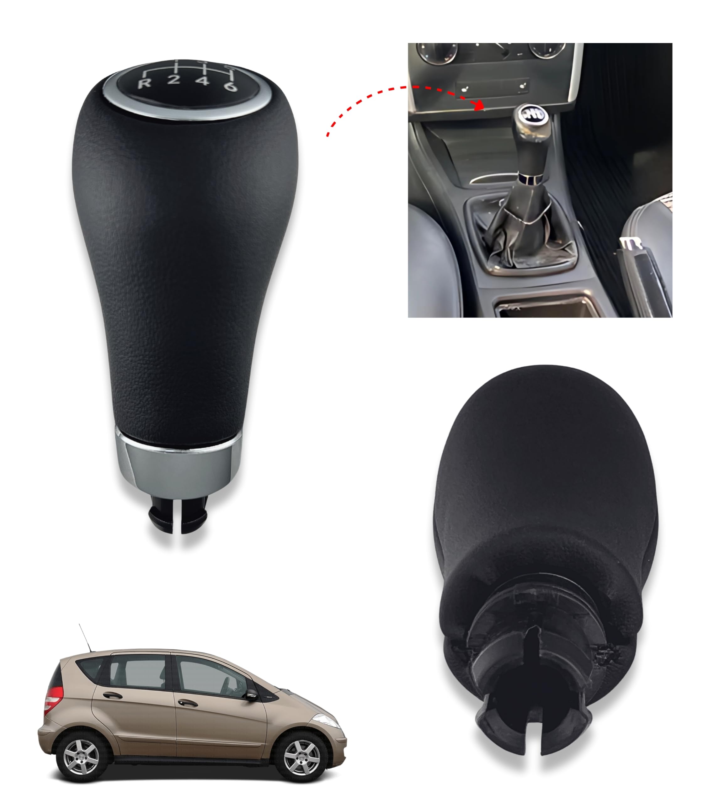 1neiSmartech Pomello Leva Cambio Manuale 6 Marce Compatibile con Mercedes Classe A B C E CLK Pre-Facelift 2000–2012, con Foro 8mm, Inserti Argento, Retromarcia a Sinistra
