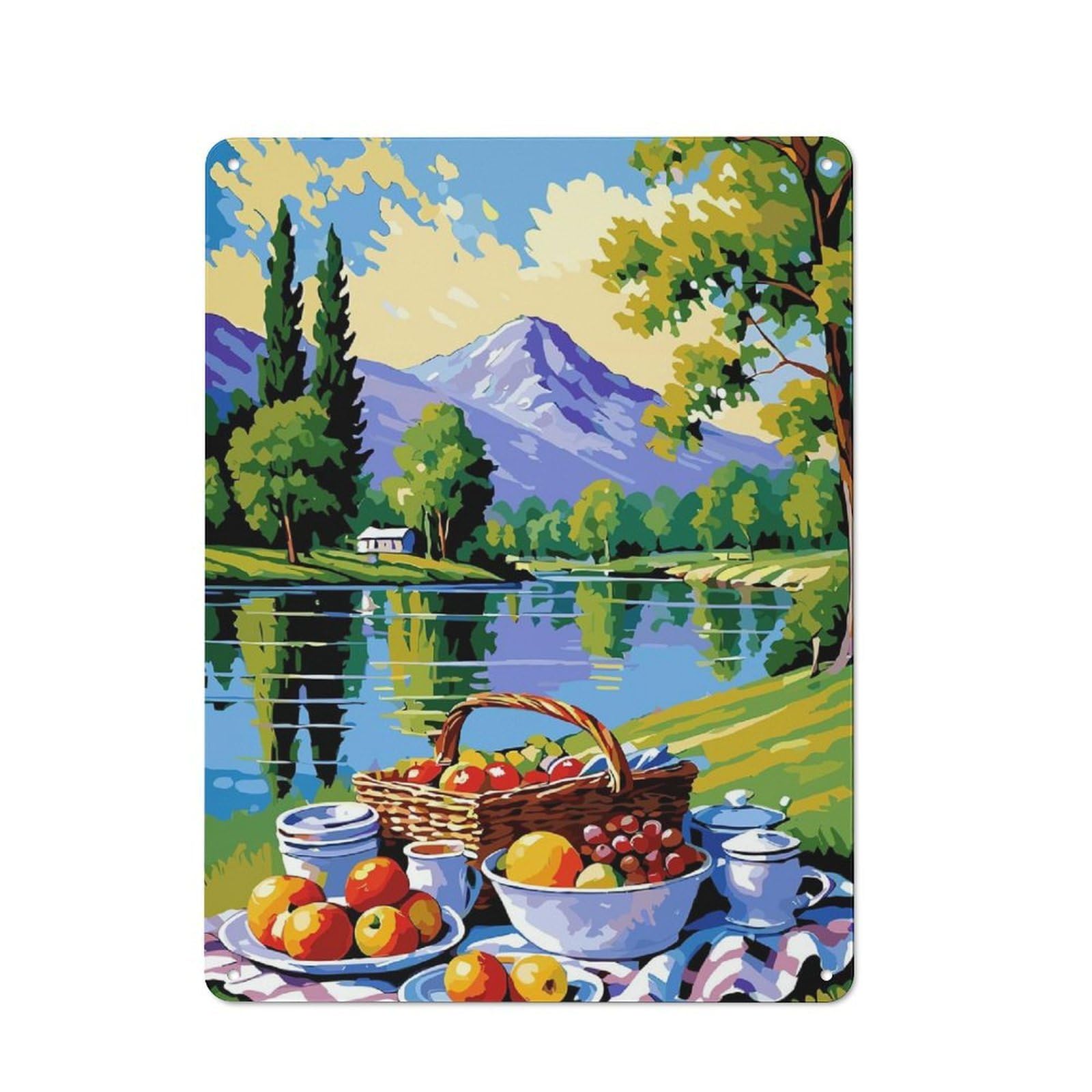 Junmoney Picnic By The Lake Painting Metal Wall Art Sign With Design 40X30cm, Vintage Vintage Wall Decor For Living Room, Hallway, Kitchen Or Cafe
