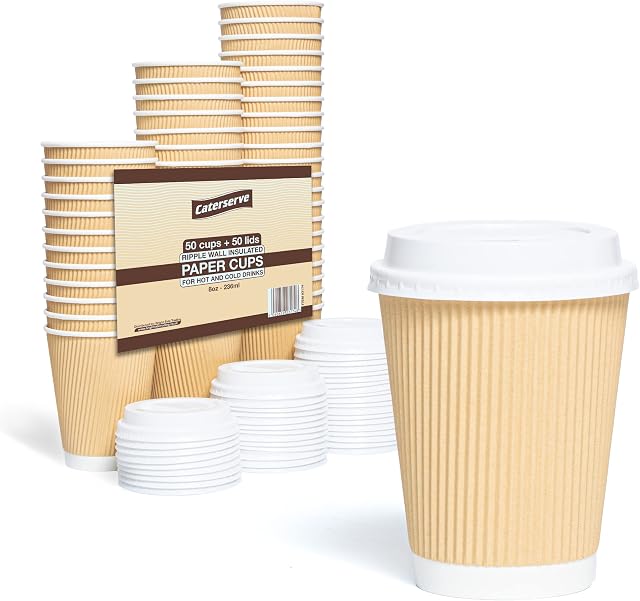 Caterserve Paper Cups for Tea and Coffee Takeaway Drinks Insulated Ripple Wall (12oz 50 Cups 50 Lids)