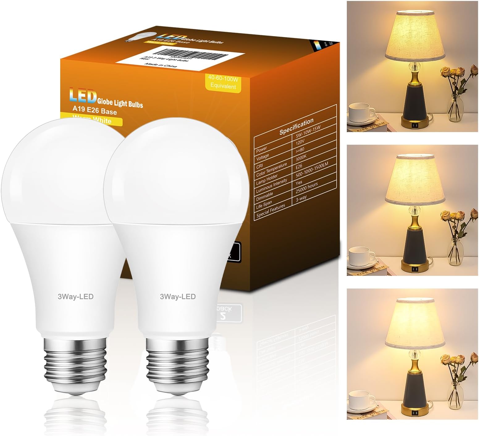 3 Way Light Bulbs 30 70 100 Warm White, A19 3000K, 4/8/12W Energy Saving 400 800 1200 Lumens, E26 Base LED Bulbs Perfect for Reading, 2 Pack