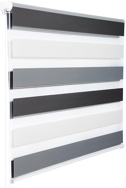 WOLTU Day and Night Zebra Roller Blind Double Layer Roller Blind with Klemmfix, Translucent or Blackout Roller Blind, No Drilling for Window and Door, 100x150cm White+Grey+Anthracite