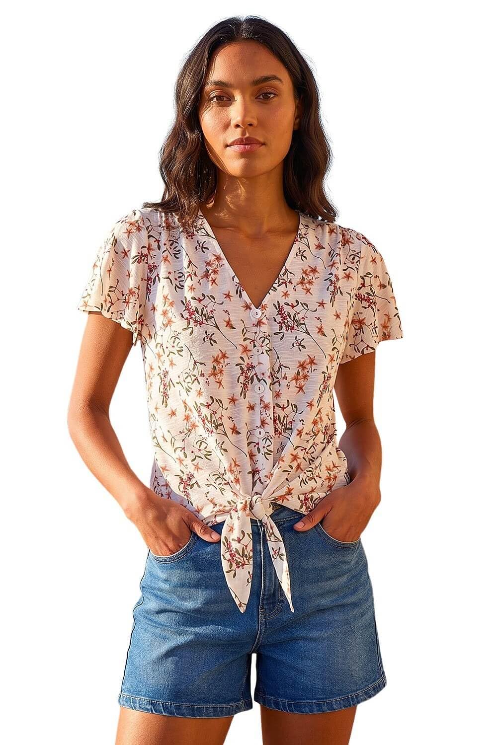 Roman Women Broderie Anglaise Tie Front Top Ladies Floral Crochet Embroidered Blouse Smart Casual Button Down Summer T-Shirt Tee Spring Cruise Beach Holiday Party
