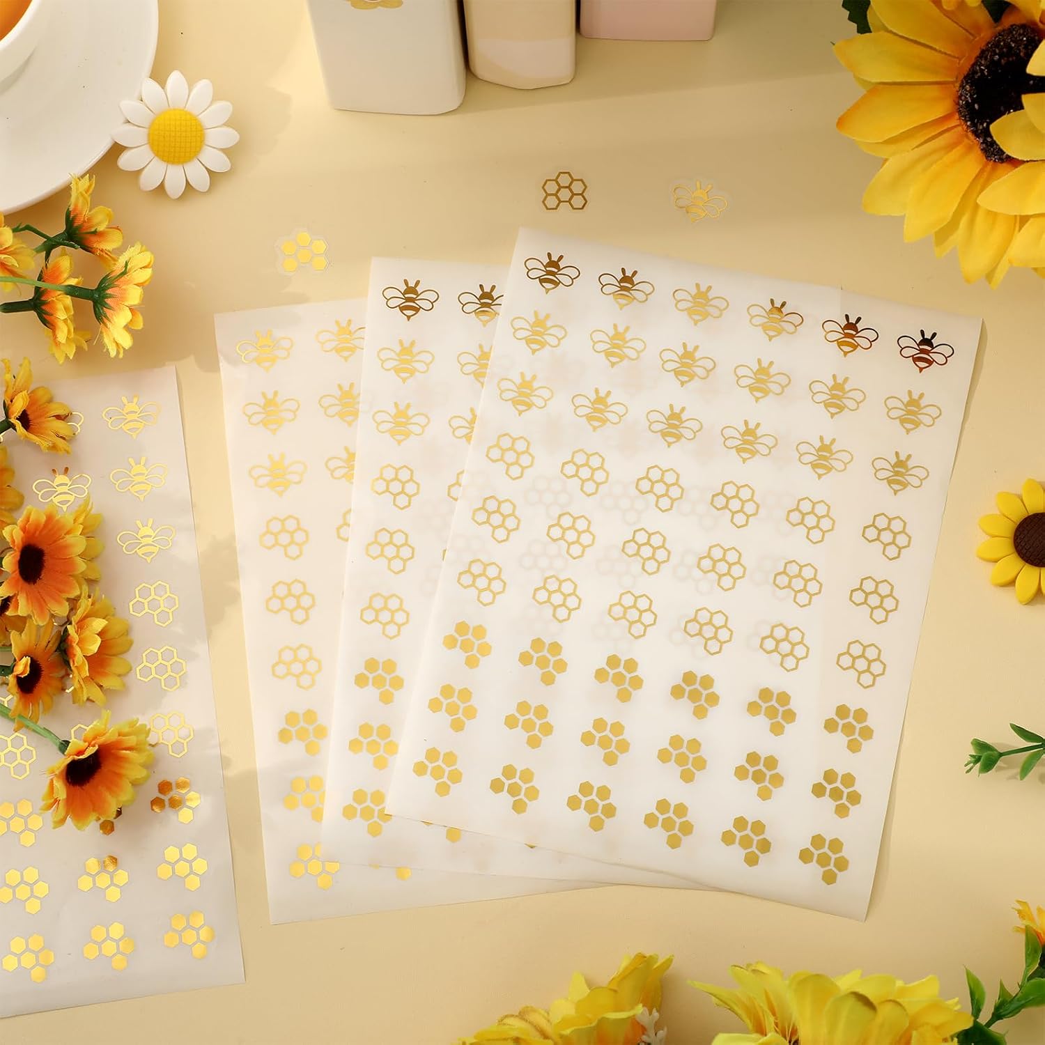 AnyDesign 540 Pcs Bee Mini Stickers Cartoon Honeycomb Envelope Seal Decals Gold Foil Paper Self-Adhesive Stickers for Kids Teacher Rewards DIY Crafts Gift Wrapping