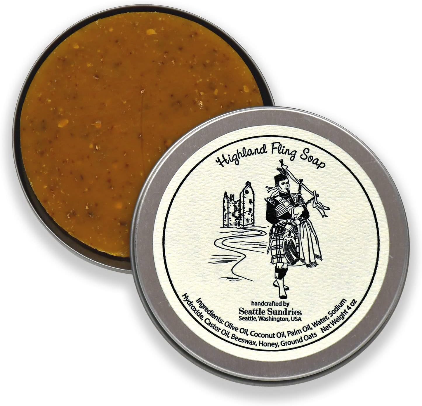 Seattle Sundries Sweet Honey & Oatmeal Soap for Women & Men - 1 (4oz) Exfoliating All-Natural Bar Soap in a Reusable Travel Tin - Highlander Theme Gift