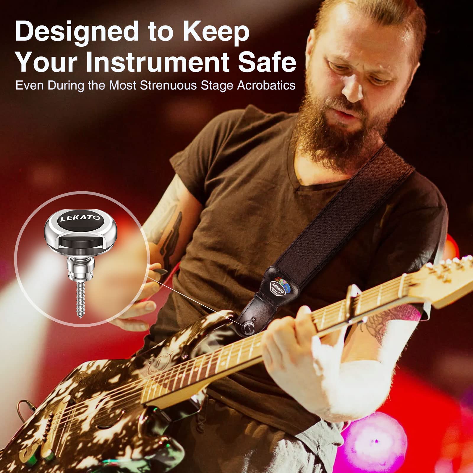 LEKATO Verrou de sangle de guitare pour basse et boutons de sécurité à libération rapide pour guitare électrique, acoustique, basse, ukulélé (argent)