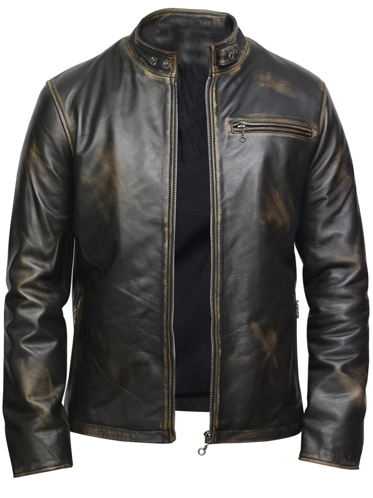BRANDSLOCK Mens Leather Biker Jacket Black Real Leather Coat Designer