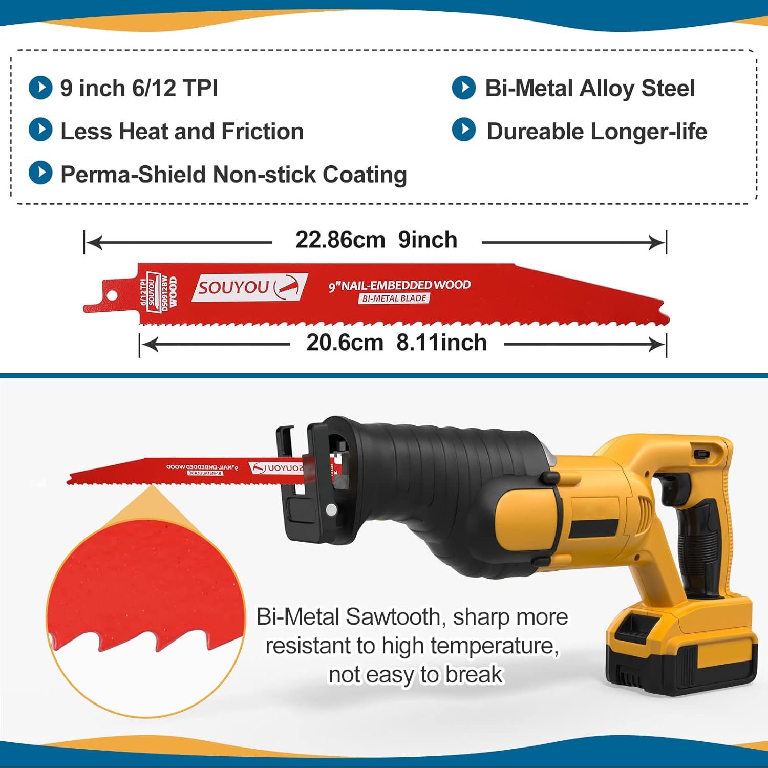 25 Pack 9 Inch 6/12 Tpi Reciprocating Saw Blades Bi-Metal Steel Demon with Perma-Shield Coating Stud and Reciprocating Saw Blades for Cutting Embedded Wood Metals PVC Pallets etc.