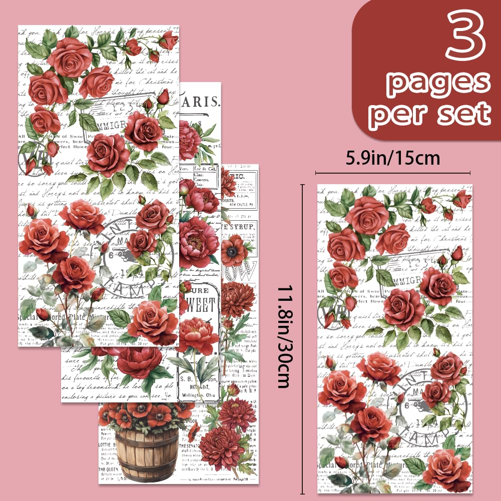 INFUNLY 3PCS Vintage Red Rose Rub on Transfers for Furniture 5.9"×11.8" Flower Theme Transfers Sticker Botanical Peony Transfers Stickers with Word Background for Wood Glass Scrapbook DIY Paper - Image 2