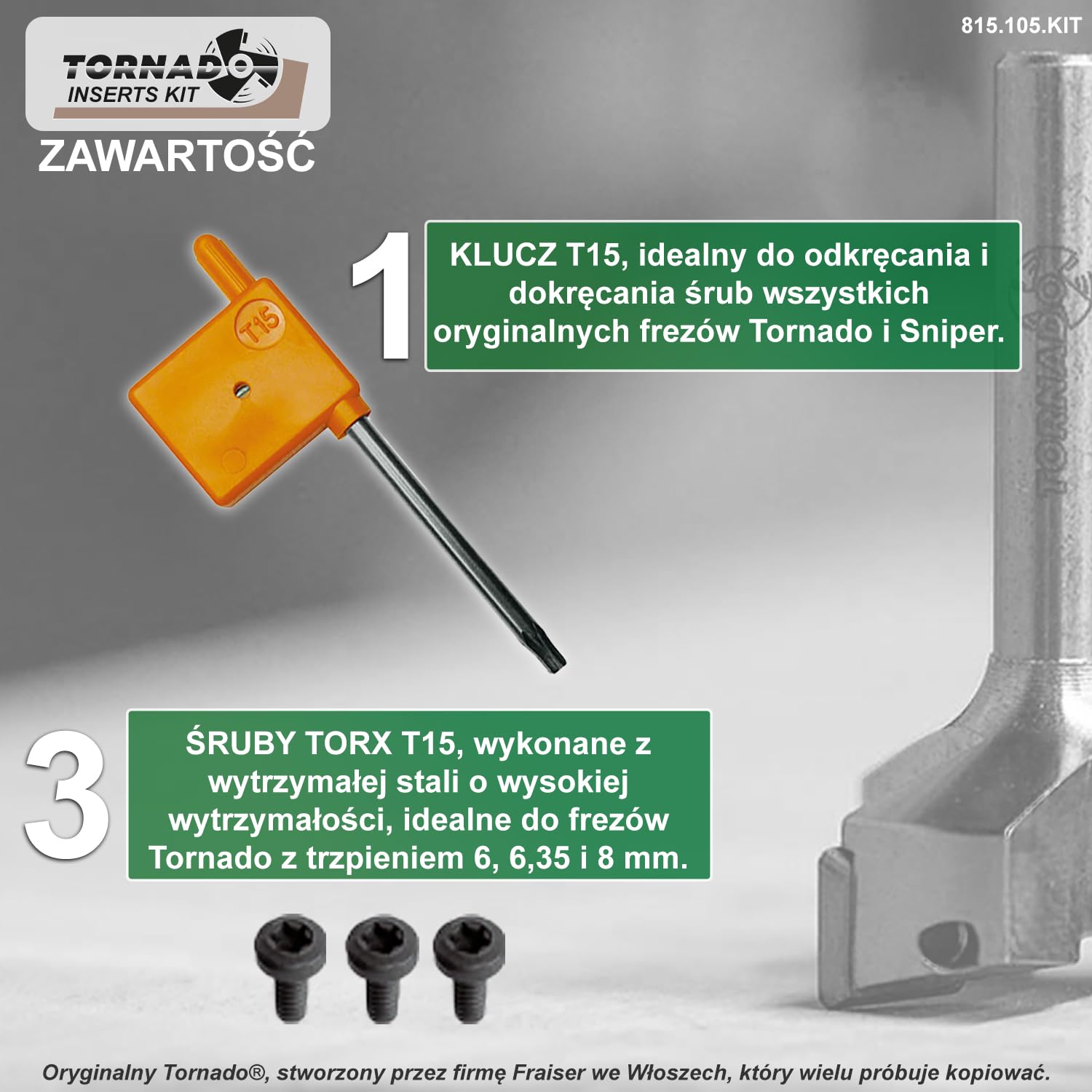 Fraiser Tornado i Tornado Sniper zestaw do wymiany z 10 nożami / wkładkami z węglika spiekanego 10,5 mm, 3 śruby, klucz Torx T15 i Bittop - do frezu do frezowania trzpienia 8 mm i 6,35 mm