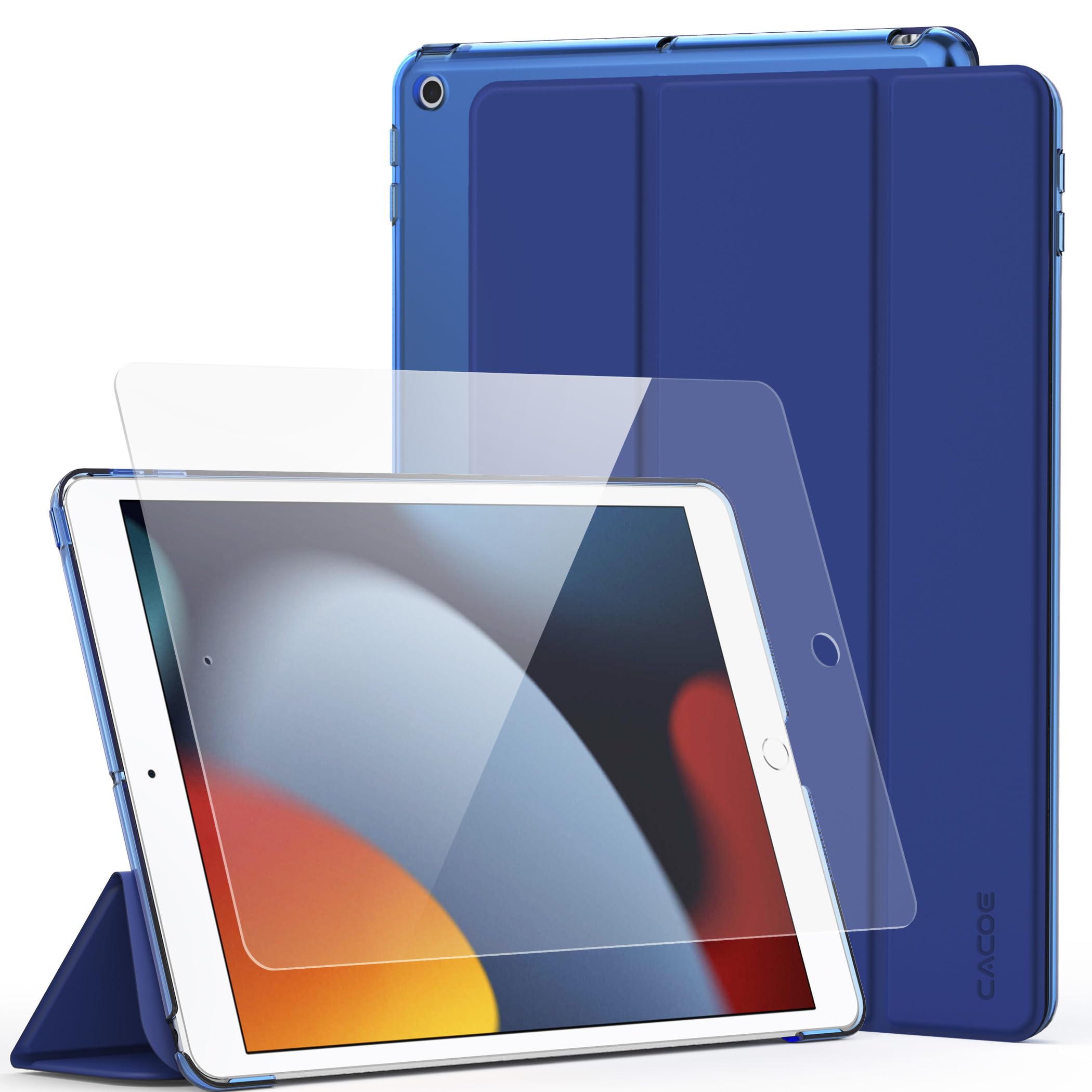 CACOE Hülle für iPad 9. / 8. / 7. Generation 10.2 Zoll Modell 2021/2020 / 2019 mit Schutzfolie - Ultra Dünn mit Standfunktion Slim PU Leder Smart Schutzhülle, Navy blau