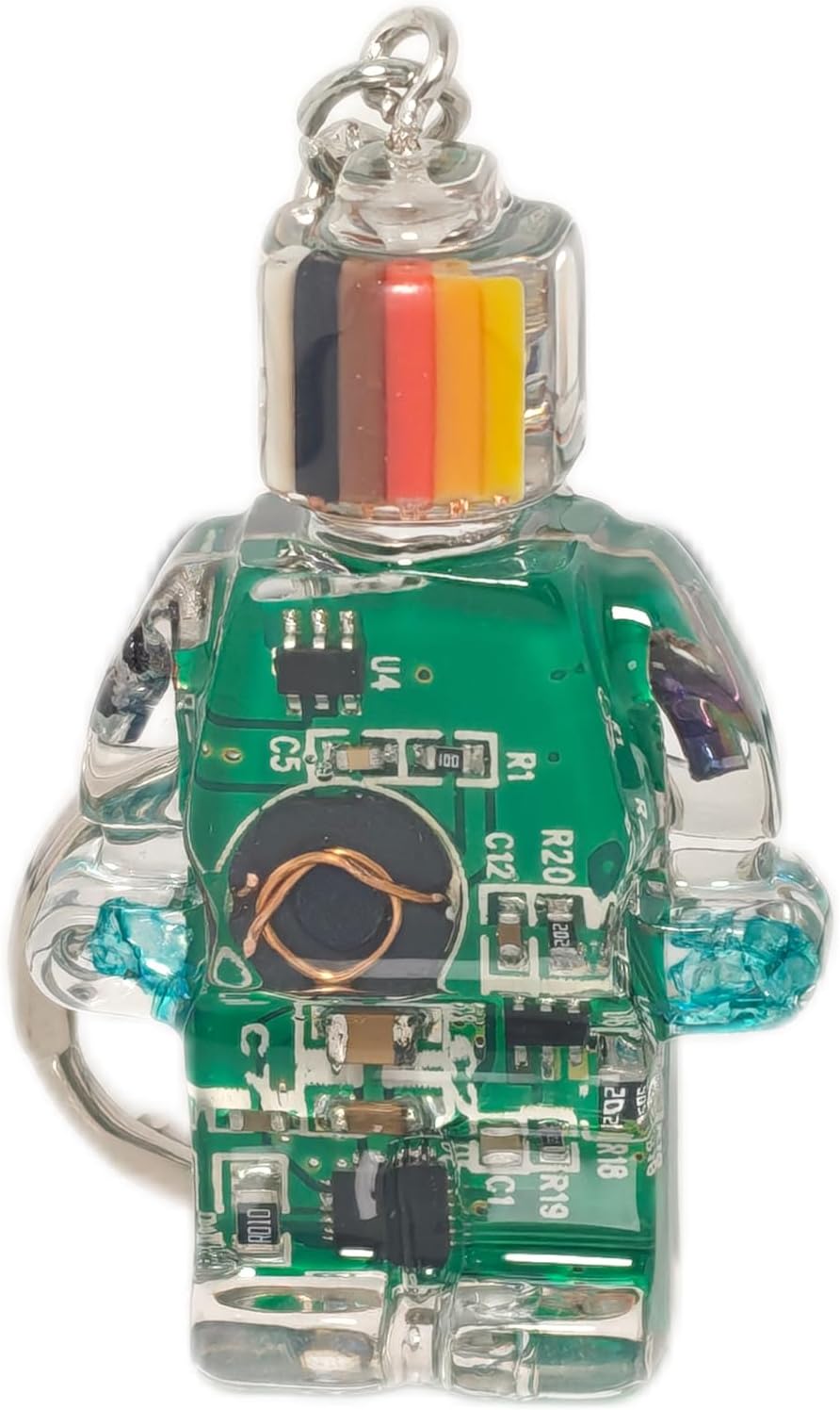 Upcycled Circuit Board Robot Keychain, Handmade Real PCB Resin Charm, Unique Cyberpunk Gift for IT