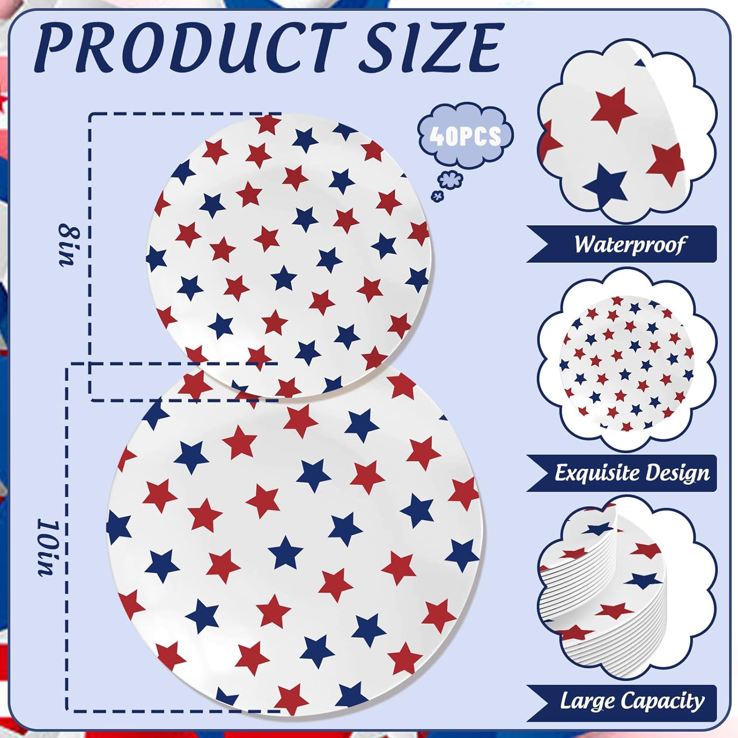 Whaline 40Pcs Patriotic Plastic Plates Reusable Party Plate 4th of July Red Blue Star Dinner Dessert Plates for Independence Day Memorial Day Party Supplies Table Decor