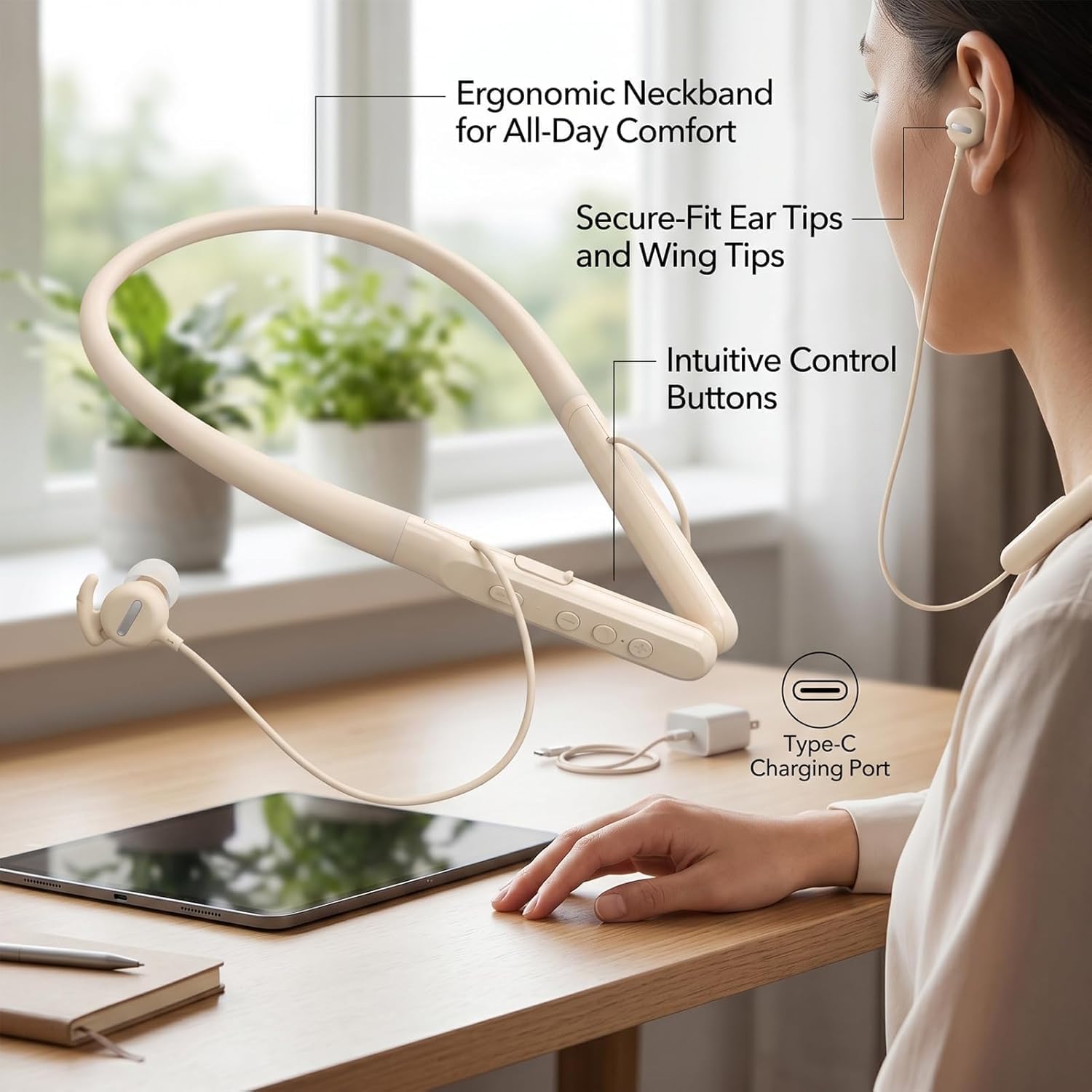 Tangxi Personal Sound Amplifier for Seniors, Noise Reduction, Rechargeable Wireless Neckband Headphones Hearing Aid Earphones with Bluetooth 5.4 (Skin Color)