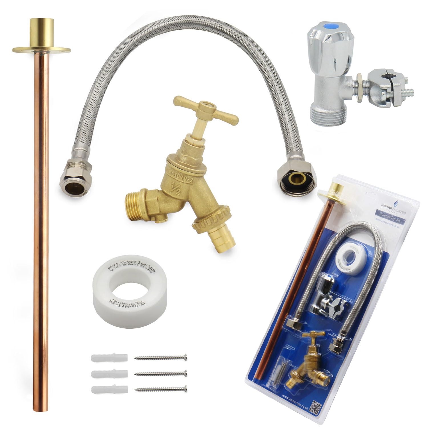 Outdoor Tap Kit, Self-Cutting Valve, Copper Pipe with Fittings, Complete DIY Set