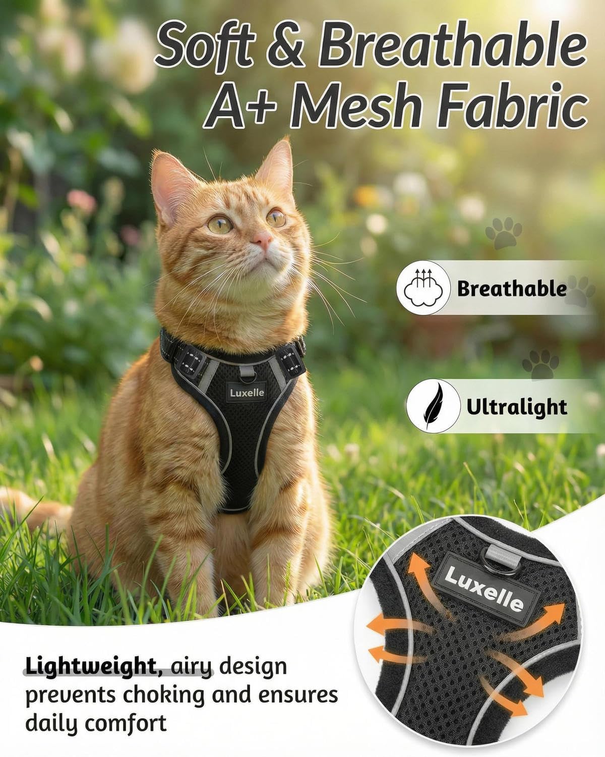 Luxelle Set di pettorina e guinzaglio per gatti a prova di fuga, regolabile, morbido, con cinghie riflettenti a 360°, tasca integrata e cinturino da polso, imbracatura in rete traspirante per gatti e